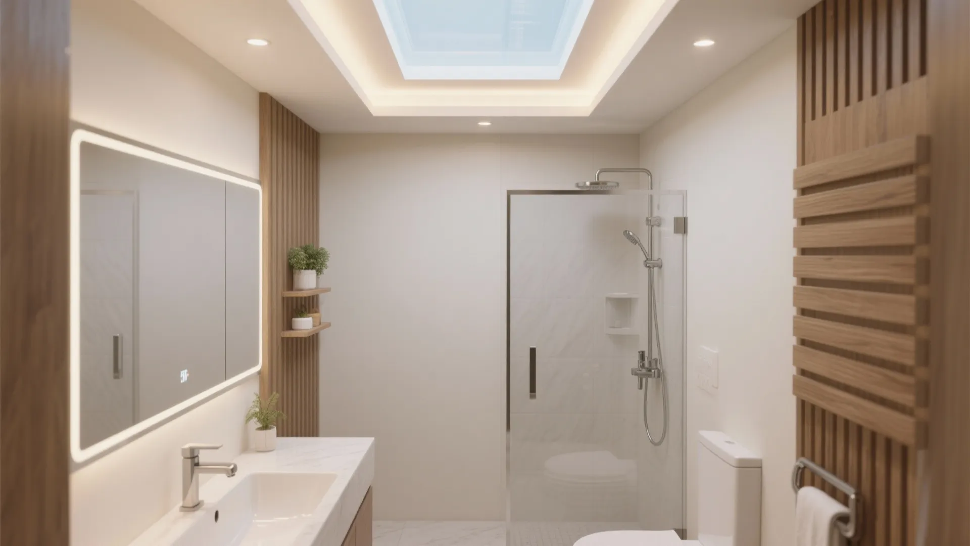 Modern bathroom interior design showing a white sink mirror glass shower and warm ceiling lights