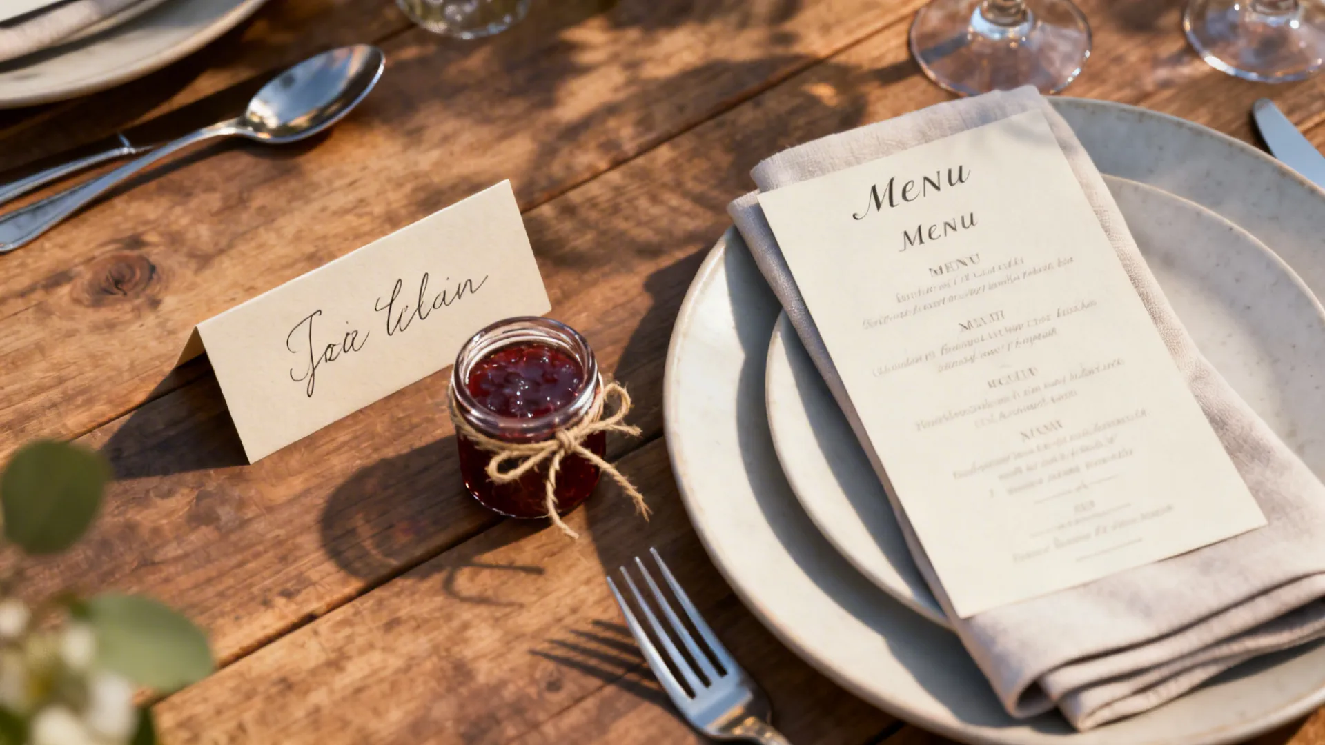 Outdoor wooden table set with white plates a paper menu name card and small jam jar