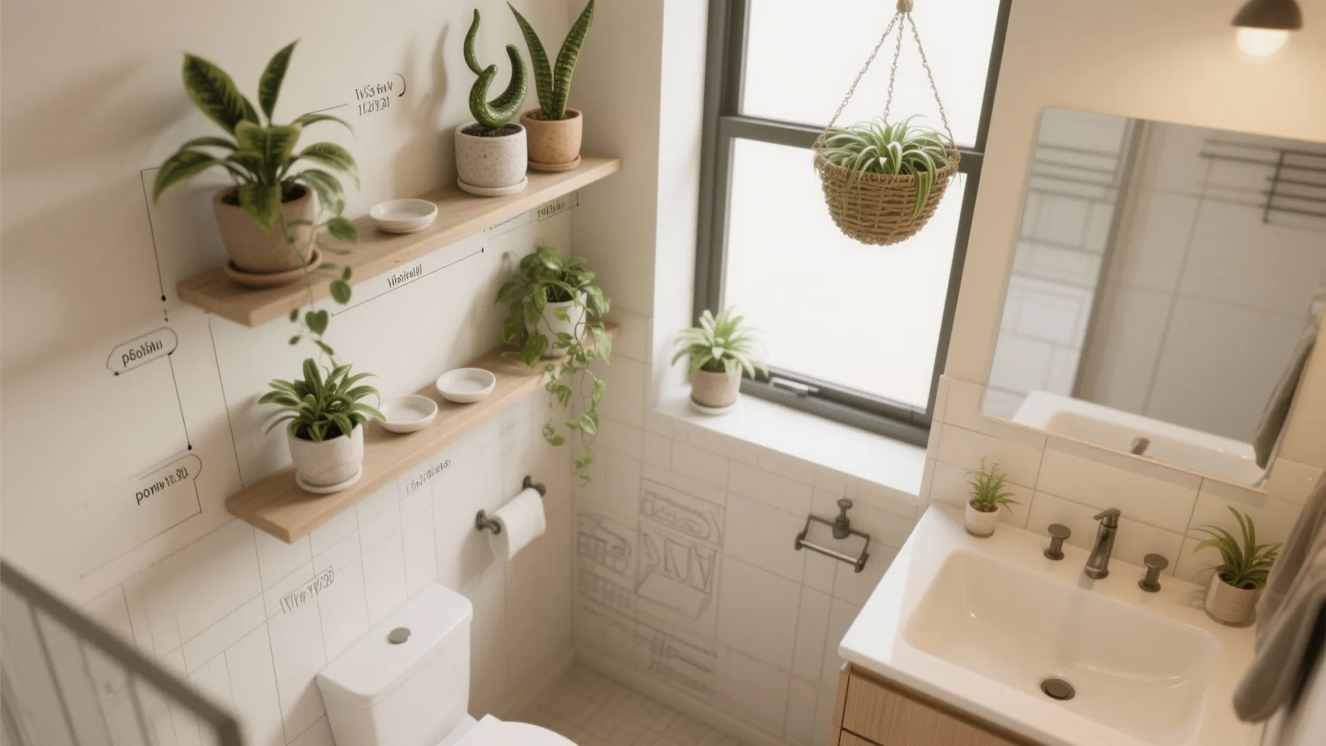Modern bathroom with white toilet sink wooden shelves green plants hanging basket and tile walls