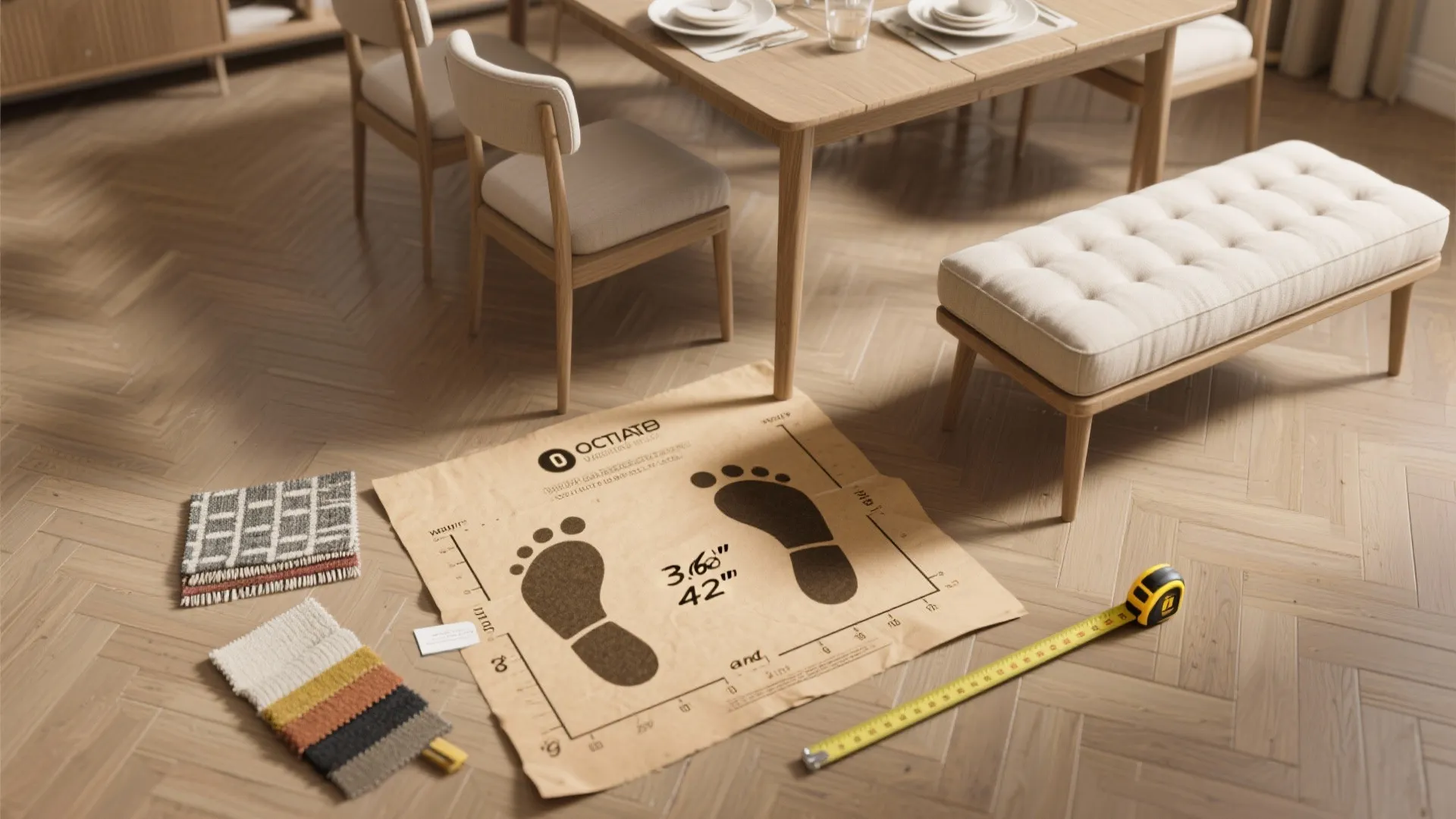 Interior design checklist on wood floor with fabric samples and a yellow measuring tape tool