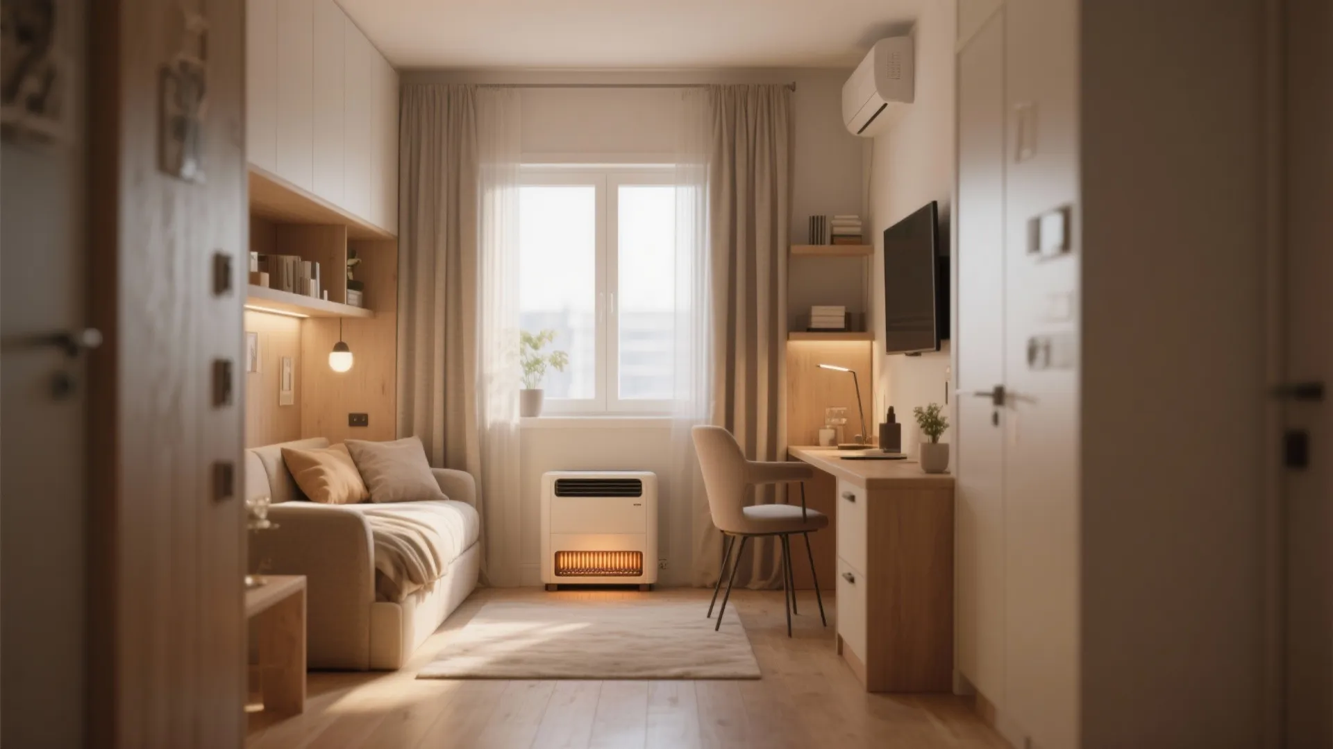 Small modern bedroom with sofa desk chair and a heater placed under the bright window
