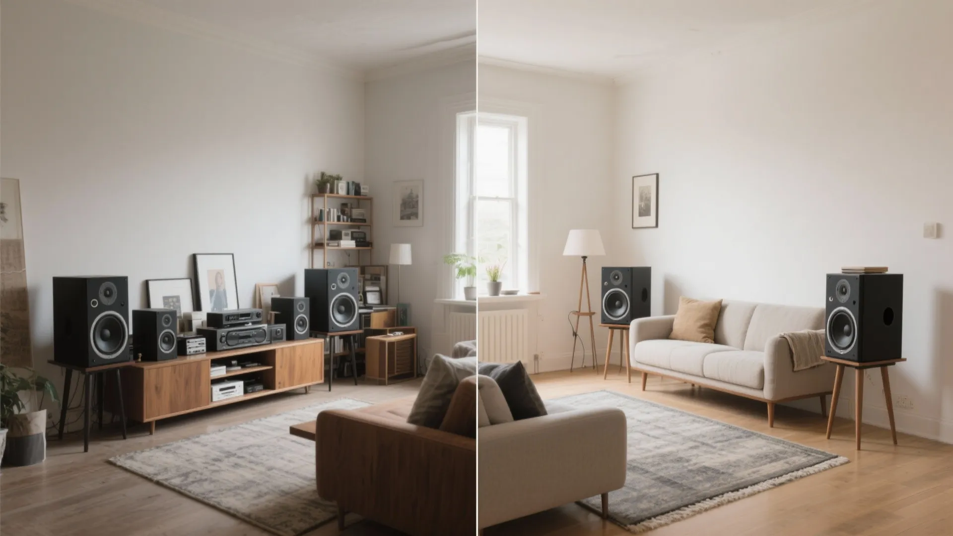 Before-and-after view of a small room showing poor speaker placement versus a clean, well-spaced setup with stands.