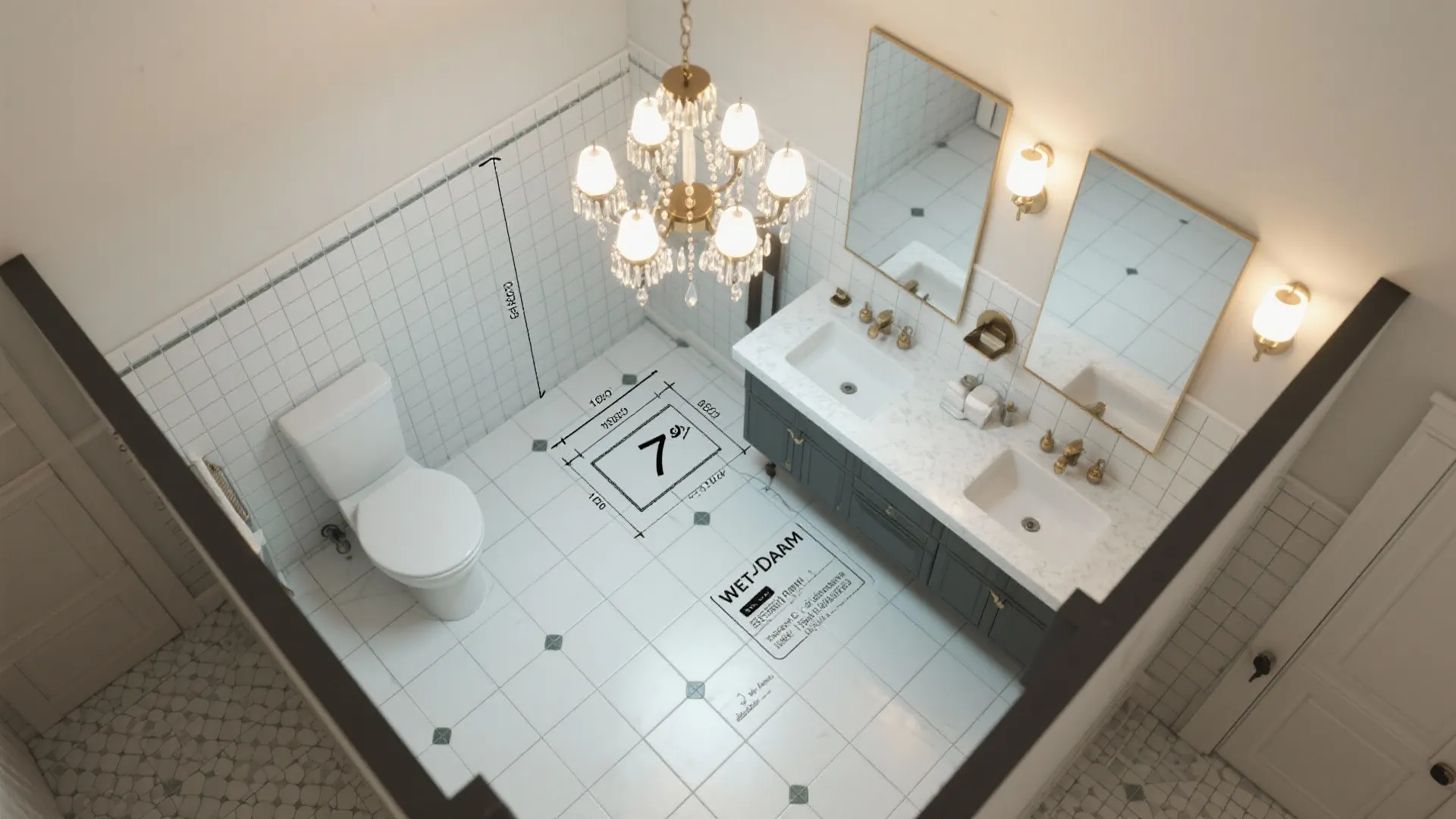 Top view of a bathroom layout design showing toilet double sink vanity and ceiling light