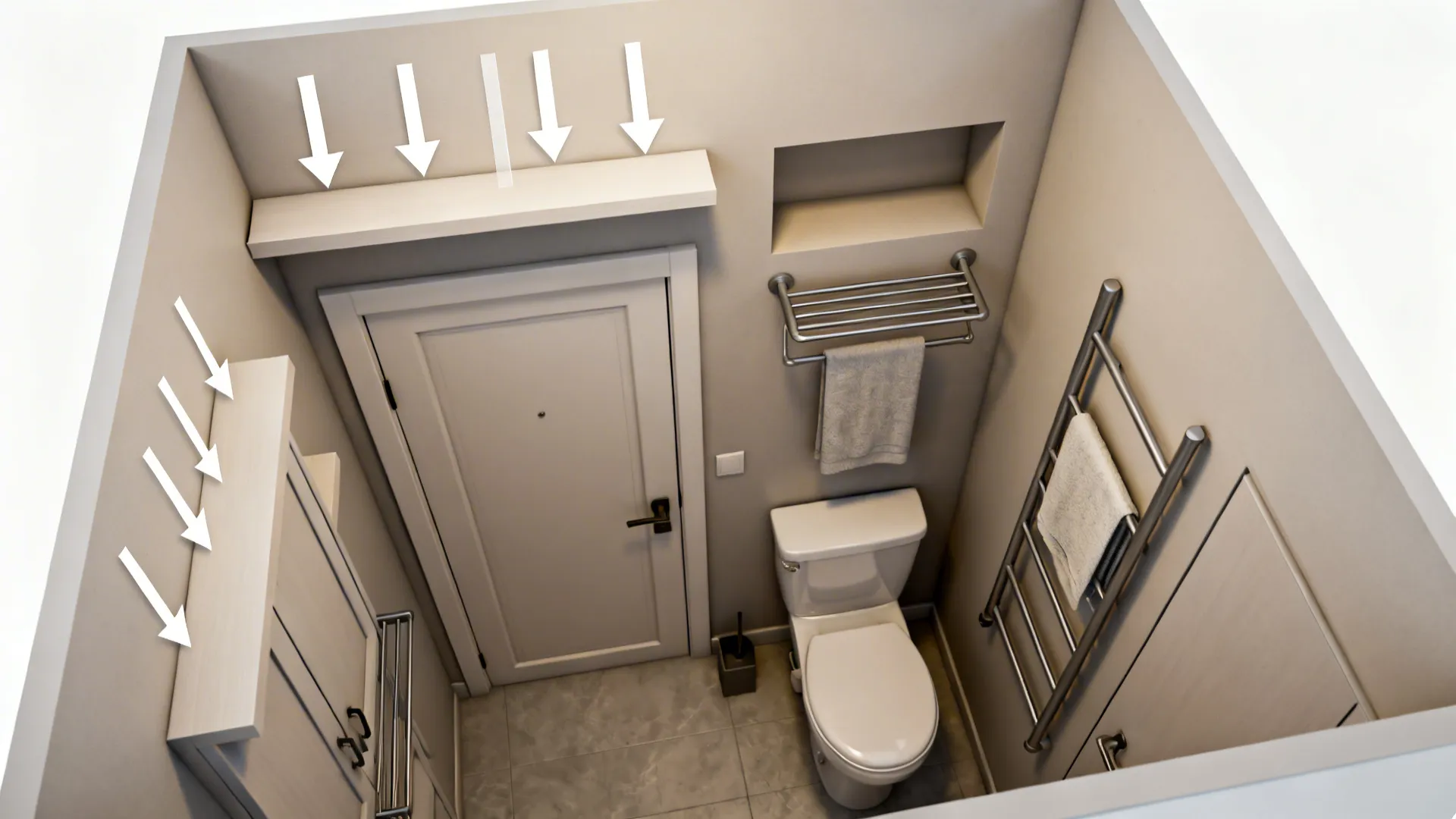 Top-down layout diagram showing recommended towel storage placements in a tiny bathroom