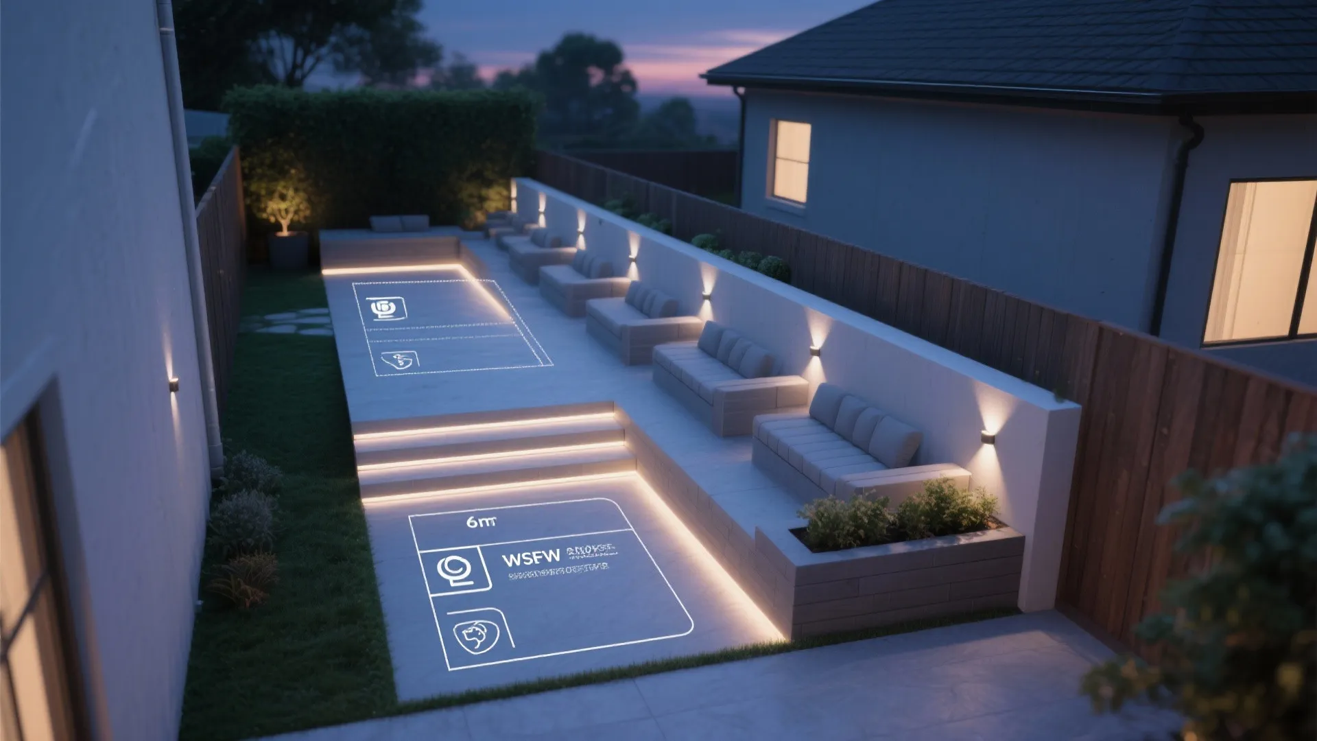 Backyard patio design with grey sofas and wall lights showing outdoor floor plan measurement labels