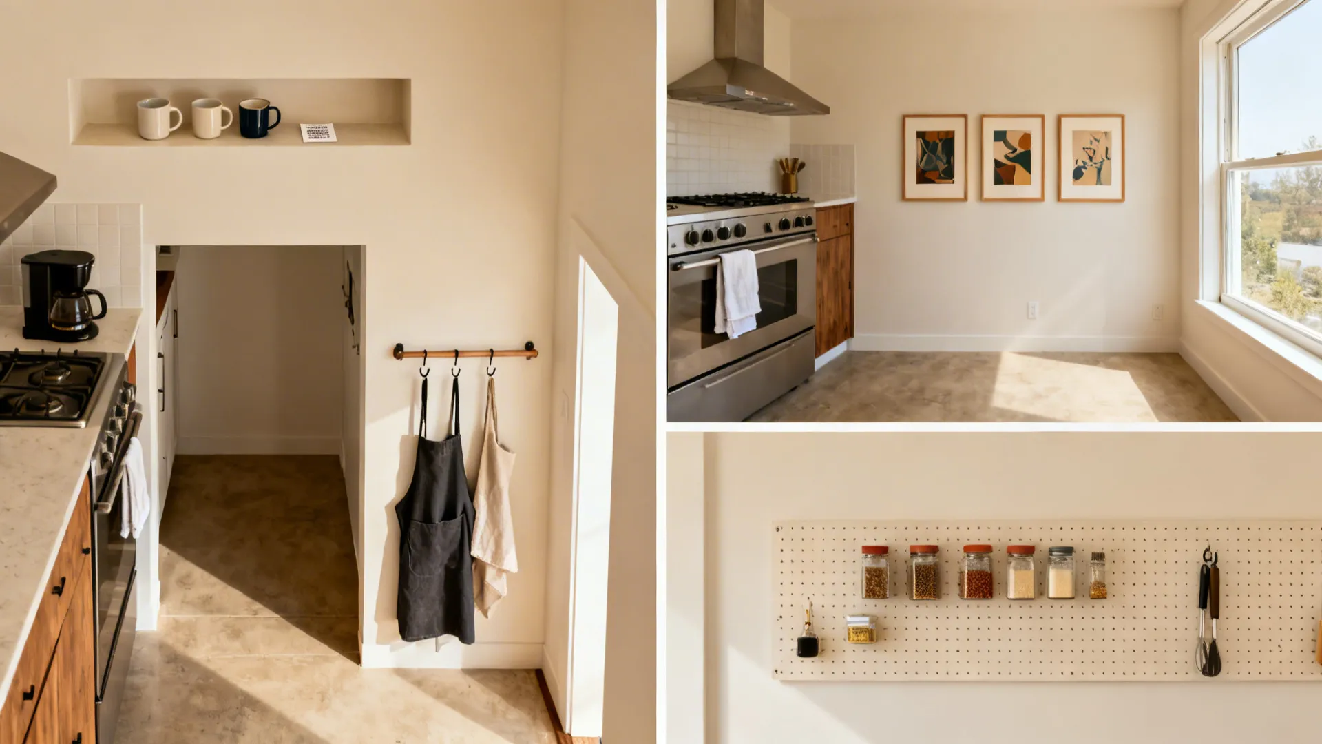 Vignettes showing ledge over coffee station, rail at entry, framed art, and window pegboard.