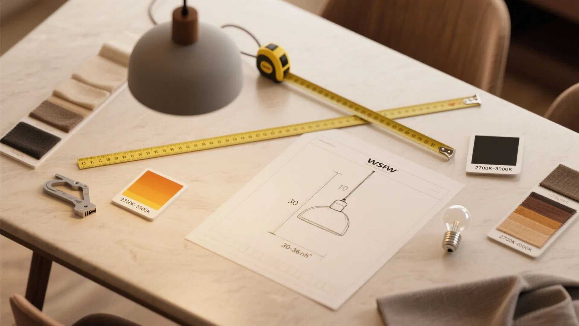 Flatlay of planning tools showing measurements and bulb temperature samples for pendant placement.