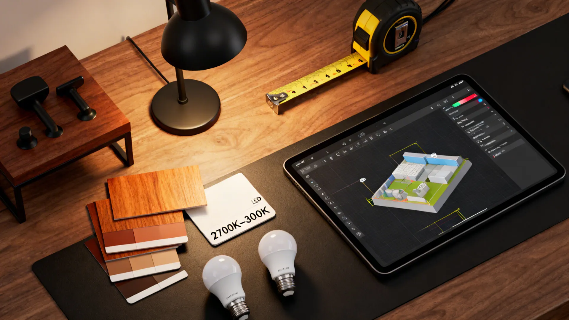 Flatlay showing lamp styling materials, color swatches, LED bulb samples and a 3D planner tablet.