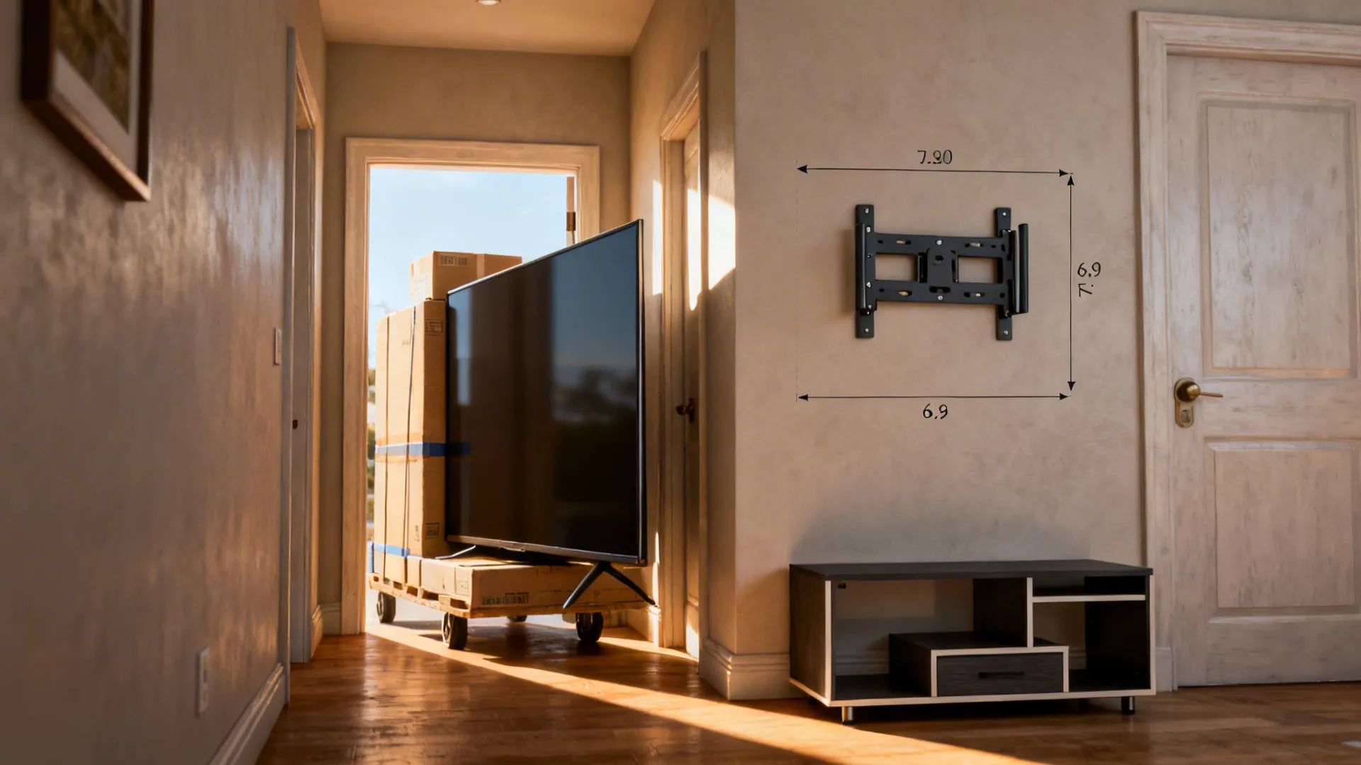 Delivery scene showing carrying a large TV through a narrow hallway with swivel mount and modular stand options