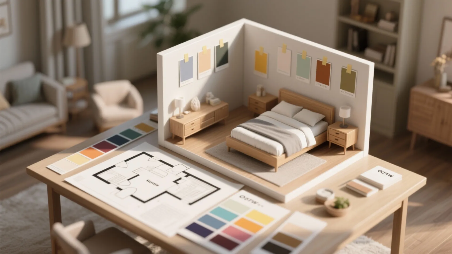 Top-down view of a bedroom floorplan mockup with paint samples and swatches