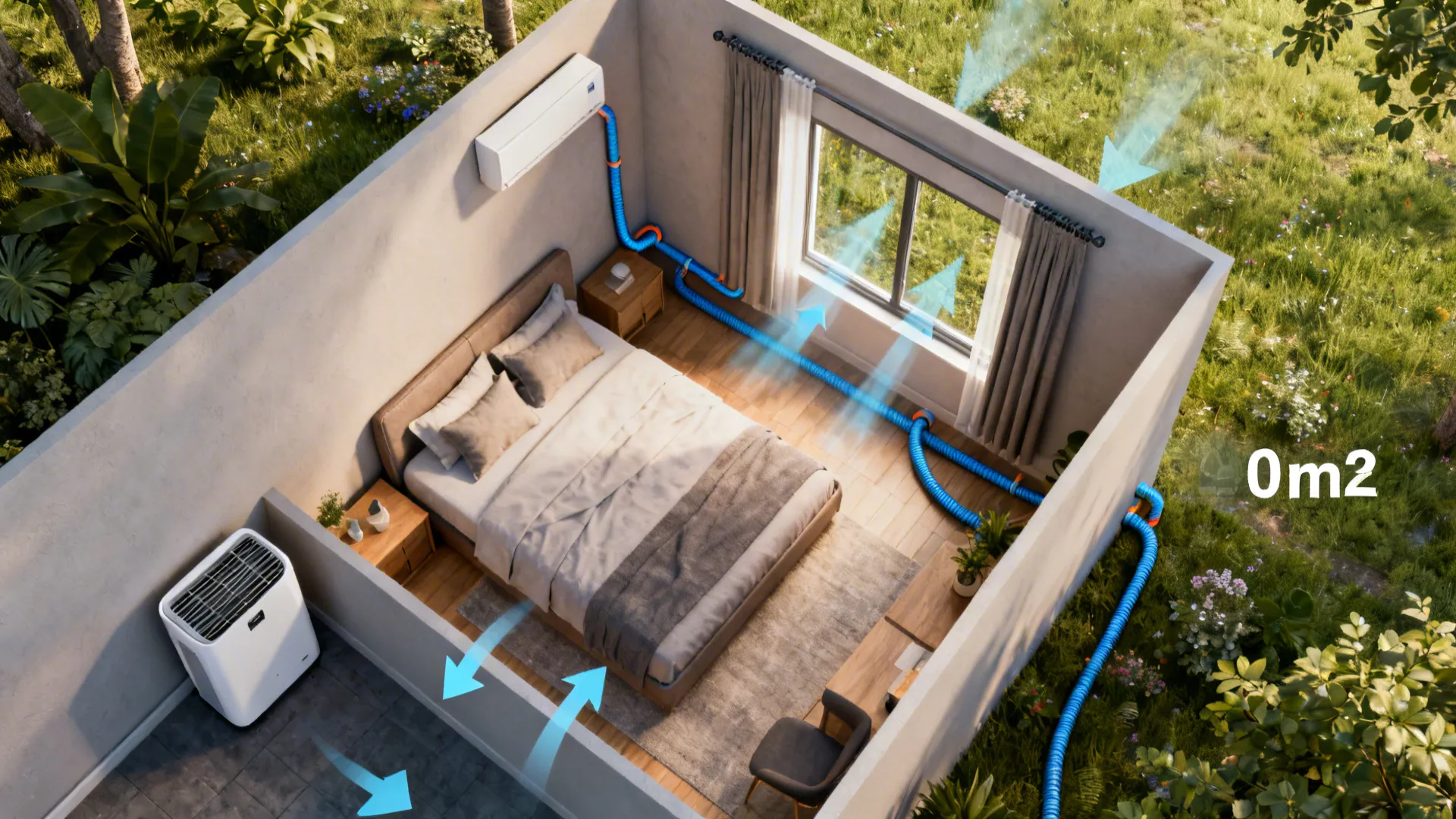 Top-down floor plan of a small room showing recommended portable AC placements and airflow