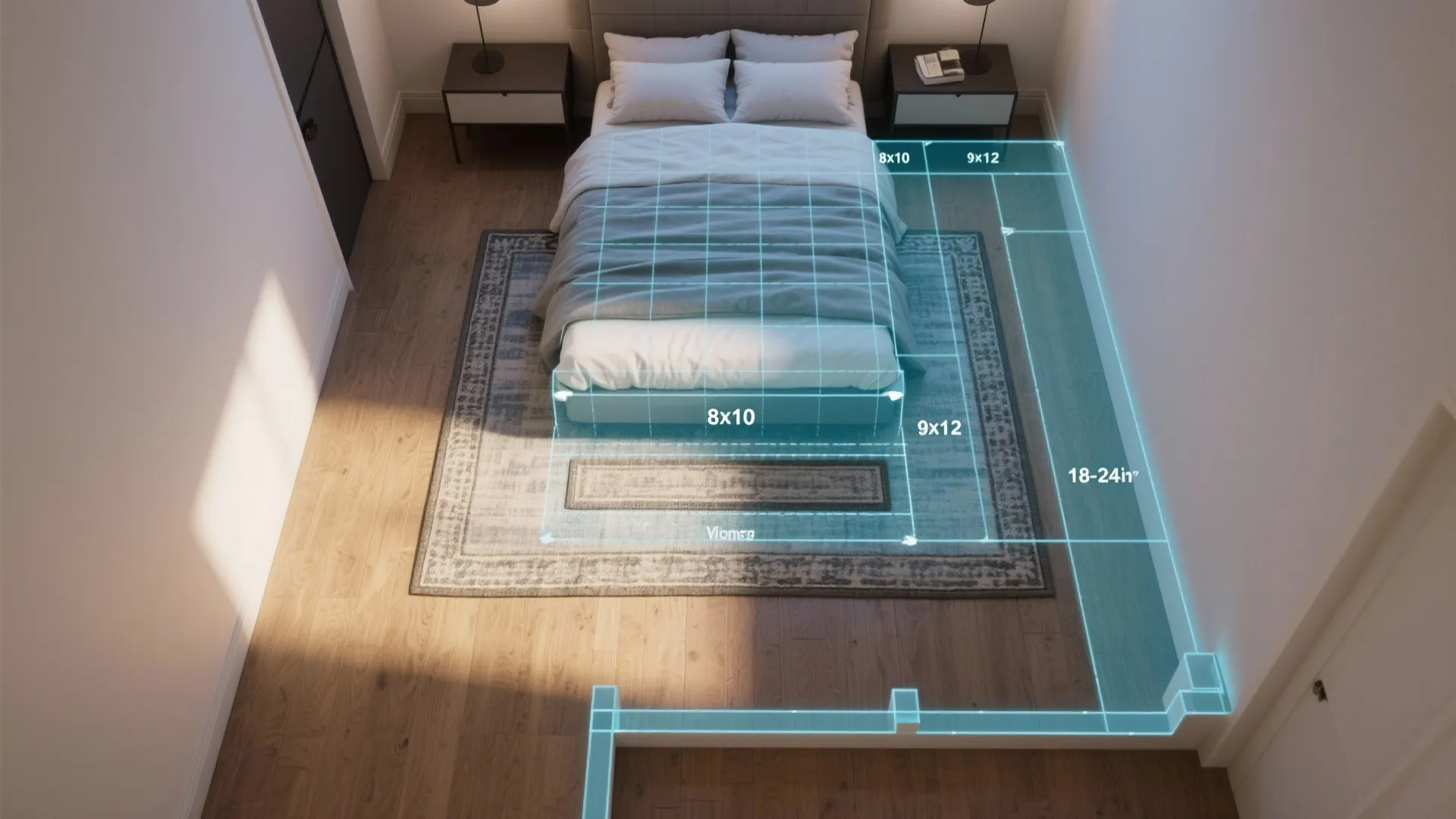 Top-down floorplanner view showing rug size options and 18–24 inch clearance margins around a king bed