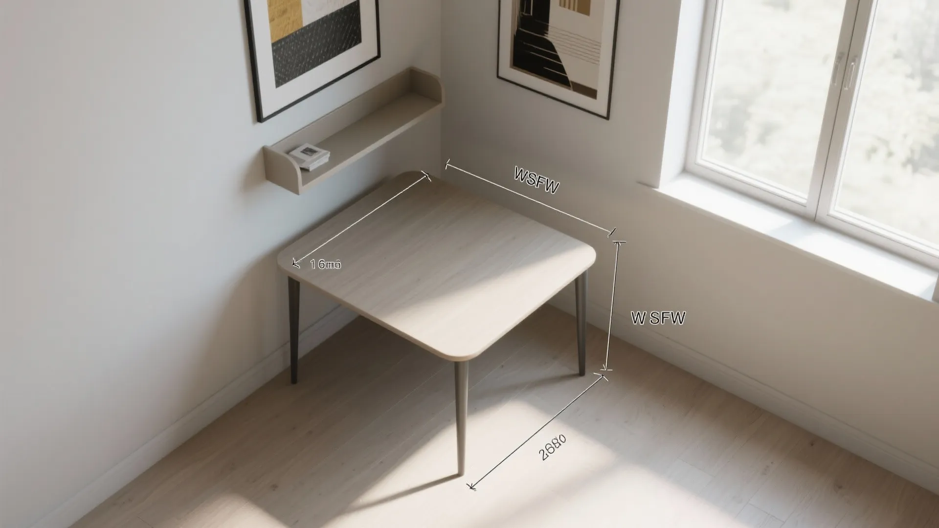 Modern interior design drawing showing a small wood desk with measurements in a bright room