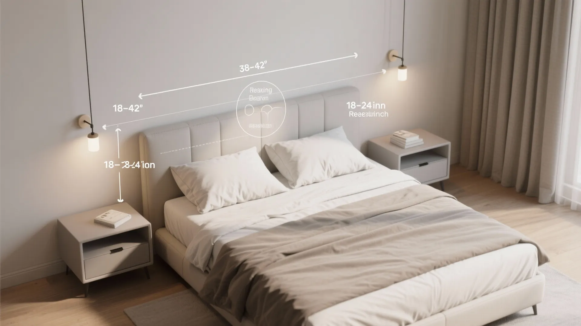 Modern bedroom with two wall lights showing recommended height and distance measurements for proper light placement