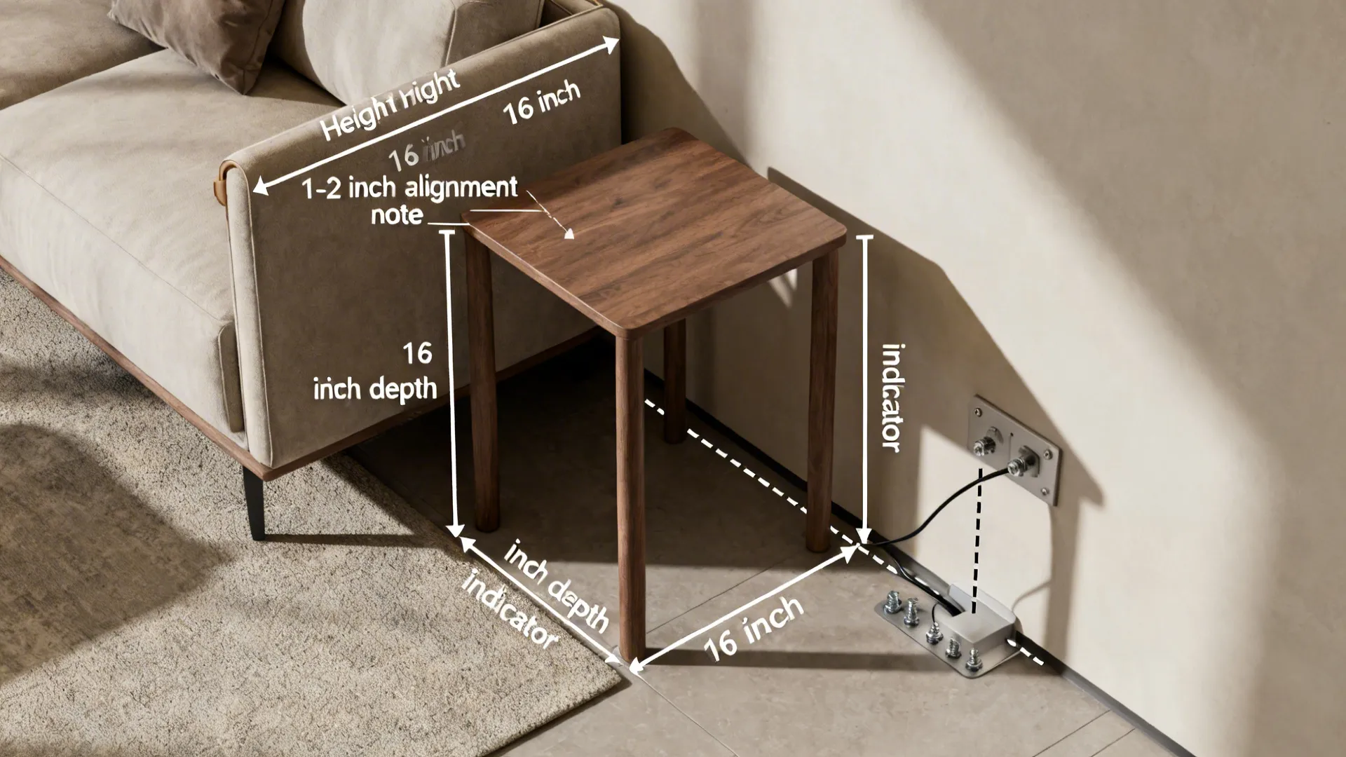 Top-down diagram showing side table placement, height alignment and depth clearance guidelines