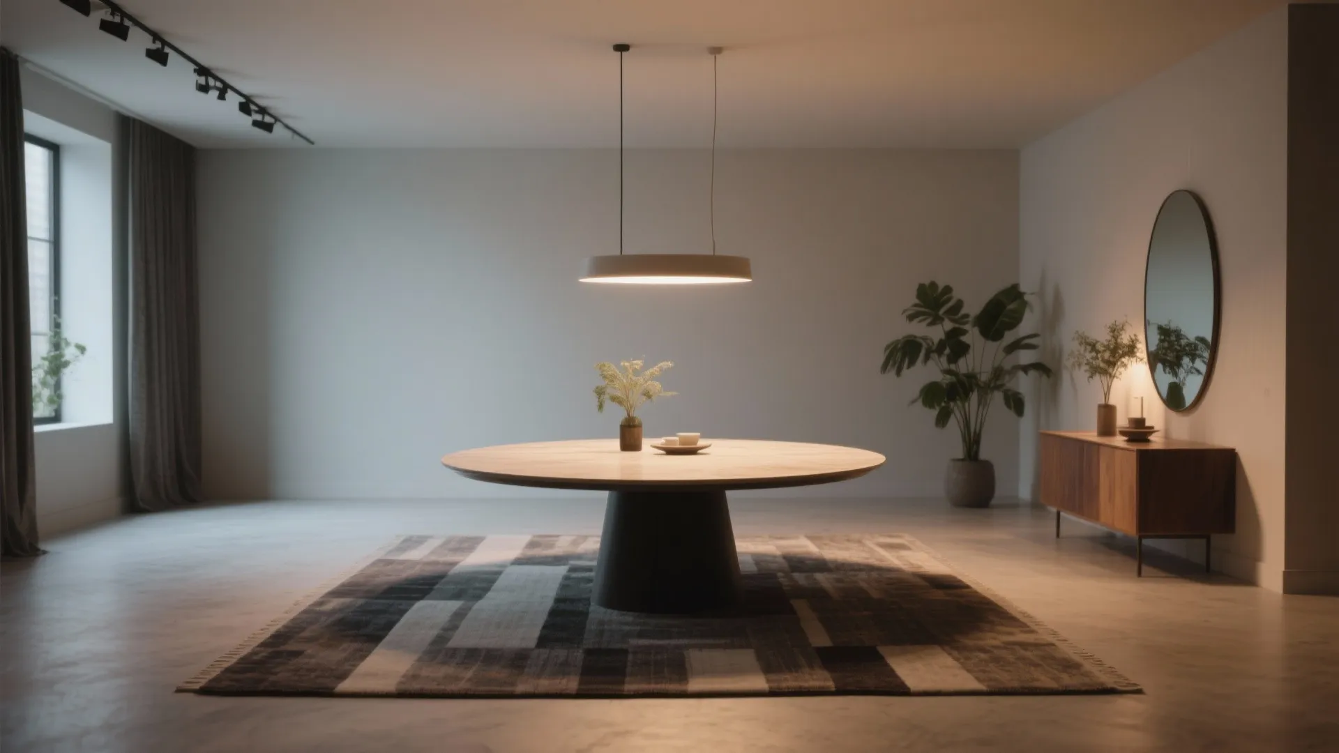 Large round wooden dining table under a ceiling light in a room with a cabinet