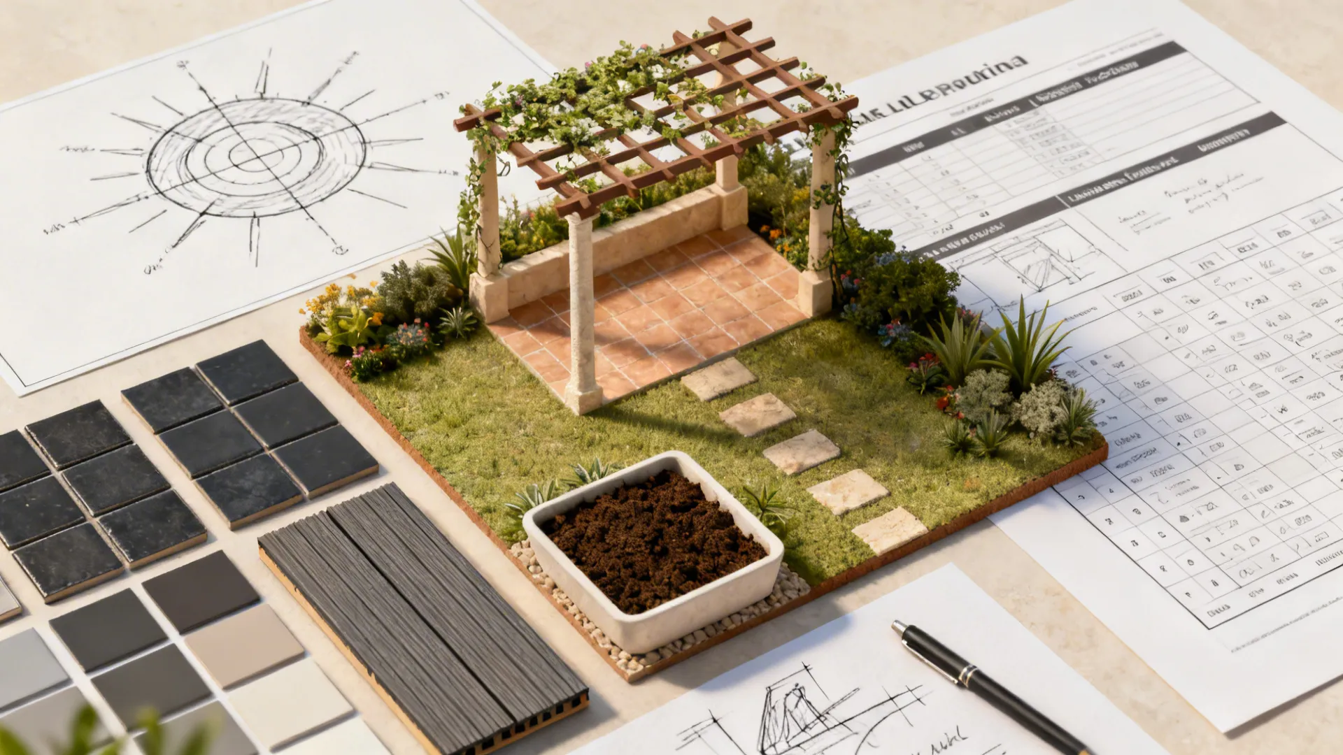 Flatlay of material samples, sun path sketch, and a small yard layout mockup for plunge pool placement.