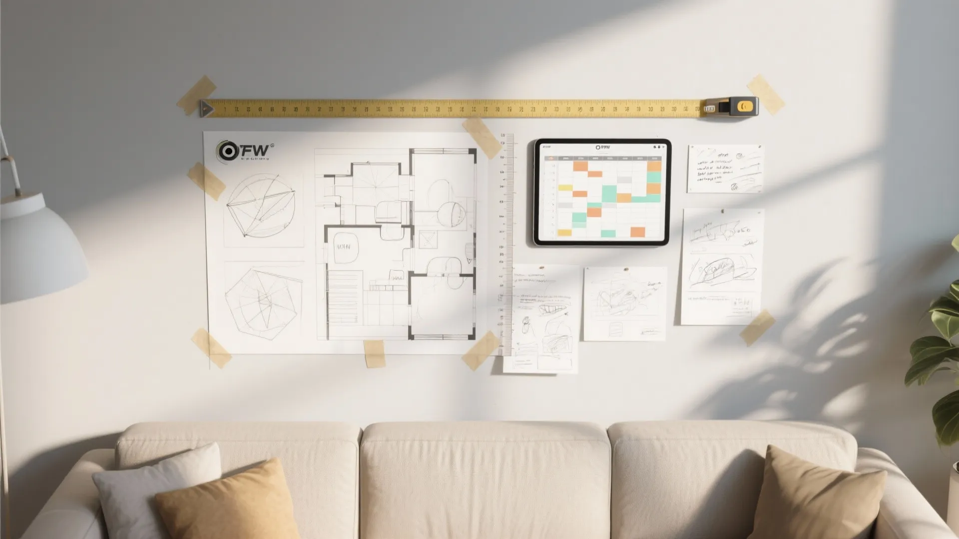 Paper templates taped to a wall above a sofa with measuring tools and a tablet showing a 3D mockup.