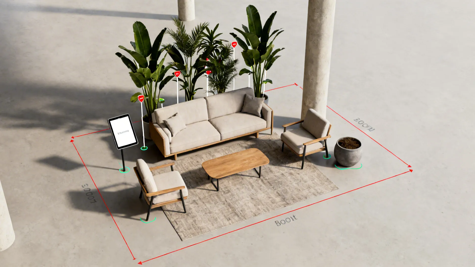 Furniture layout mockup with beige sofa, wooden table, rug, potted plants and red dimension lines