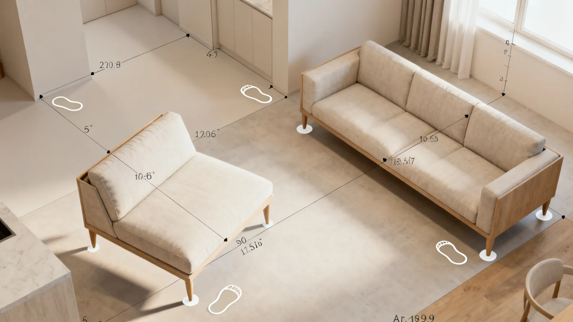 Top-down room mockup showing sofa placement, floating layout and circulation path markings.