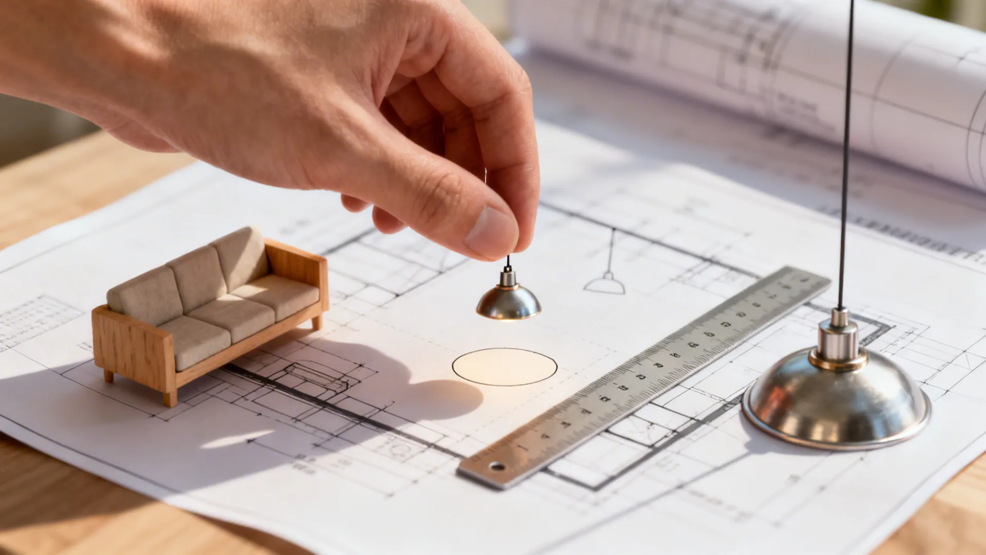 Hand placing a miniature pendant over a printed floor plan to test placement and scale.