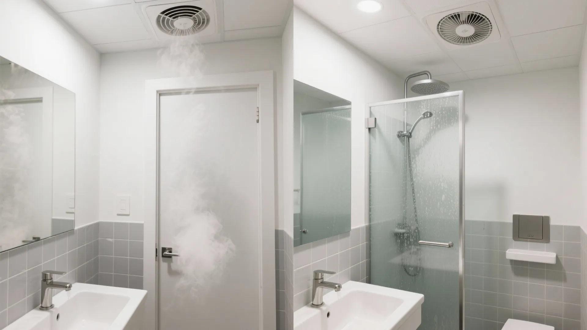 Split view comparison of bathroom ceiling fan placement above the door and inside the shower