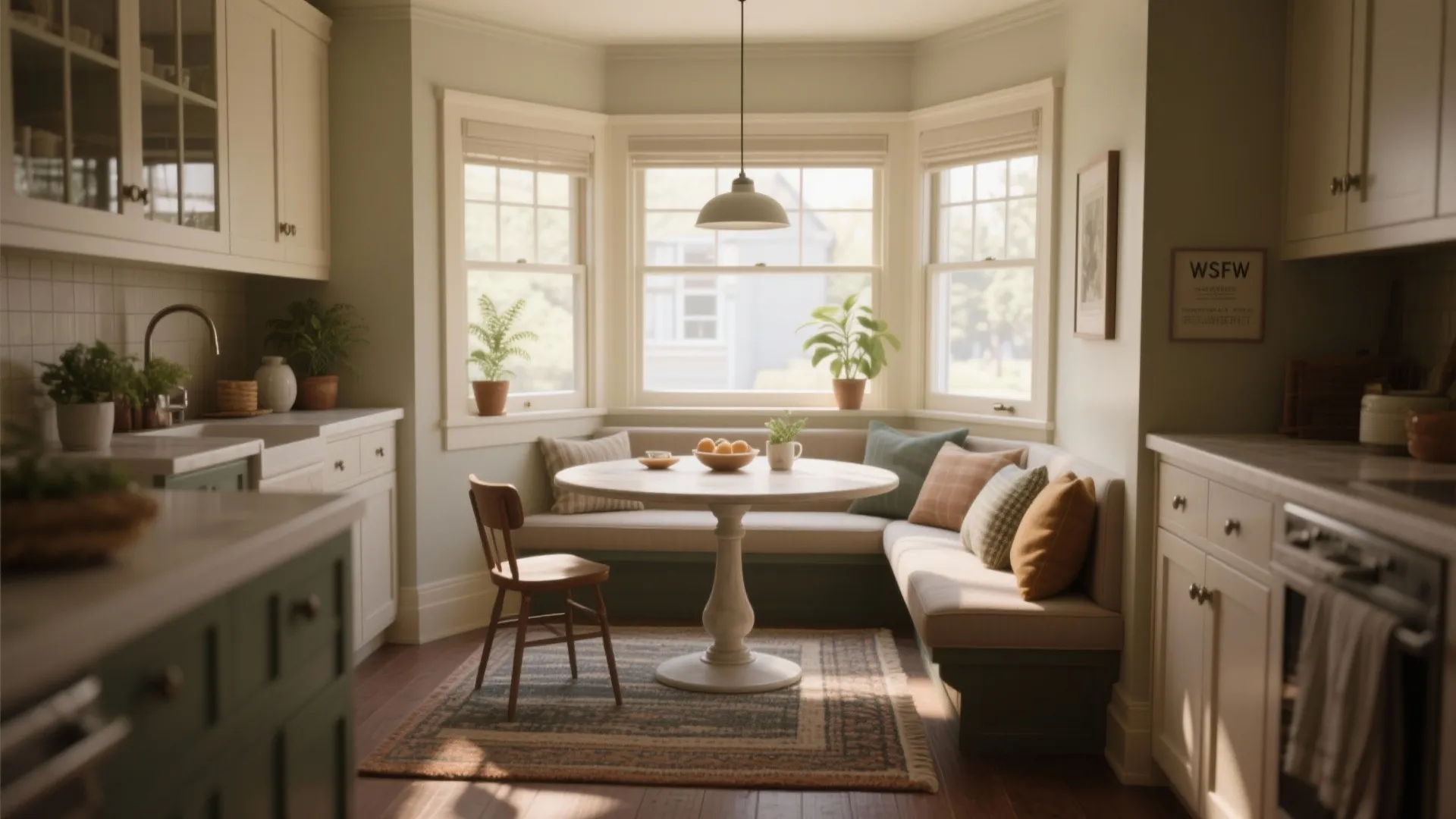 Cozy kitchen breakfast nook with round table white cabinets green accents and a large window