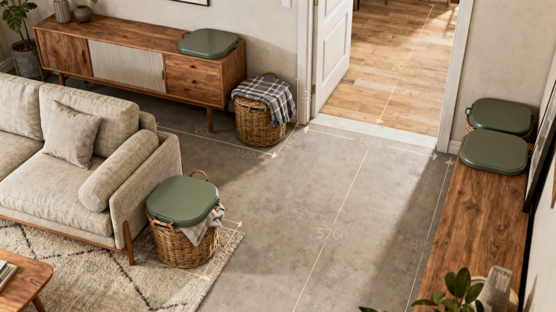 Top-down living room layout showing recommended placements for lidded blanket baskets near seating and entry.