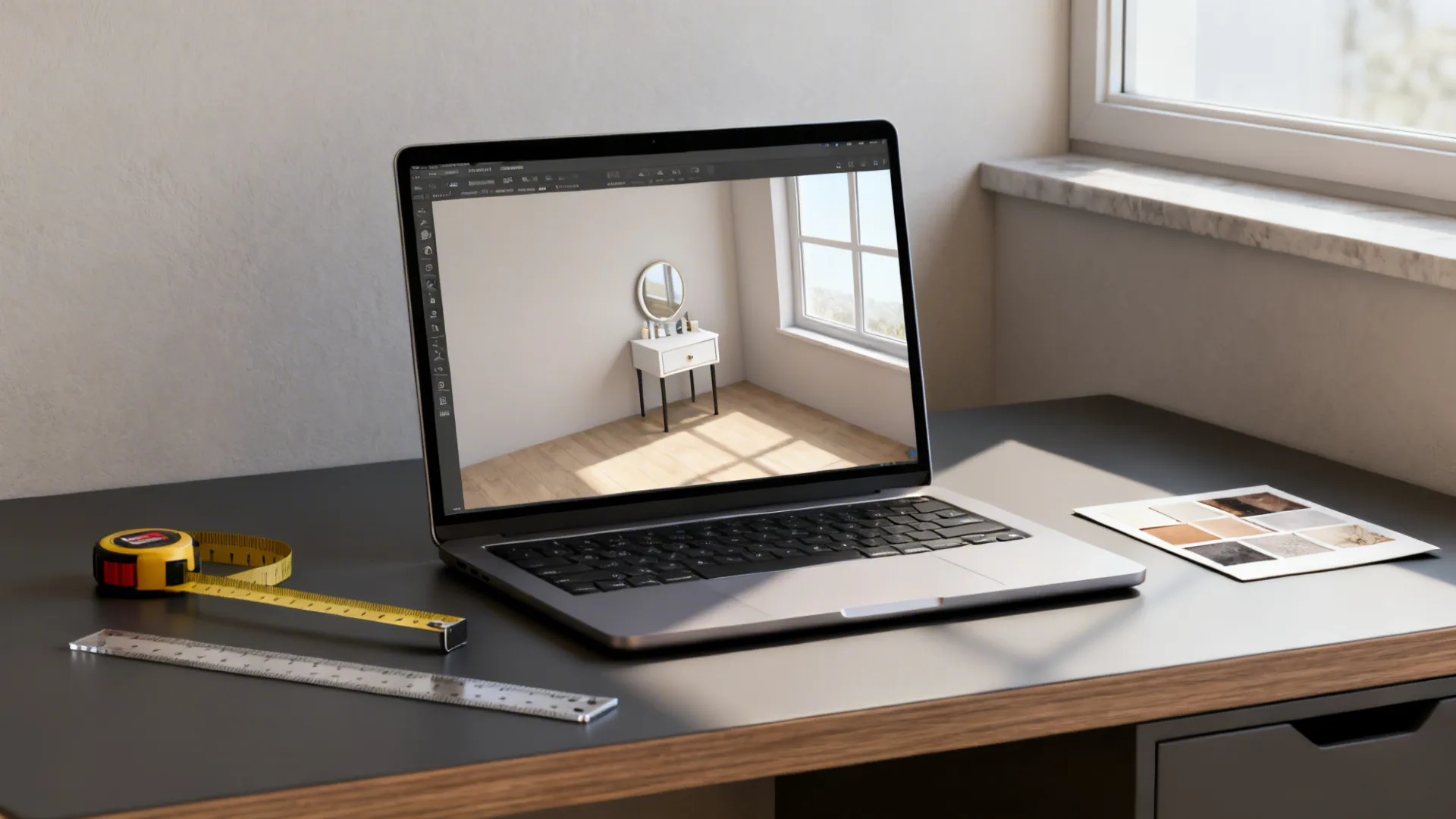 3D floor-plan mockup on a laptop showing vanity placement near a window with measuring tools around.