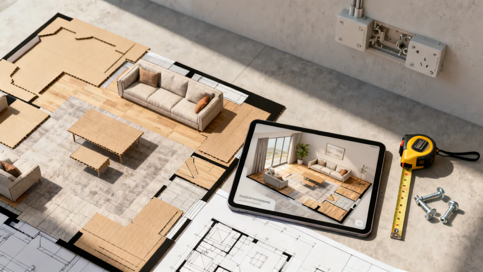 Cardboard living room model with sofa beside a tablet displaying a modern interior design drawing