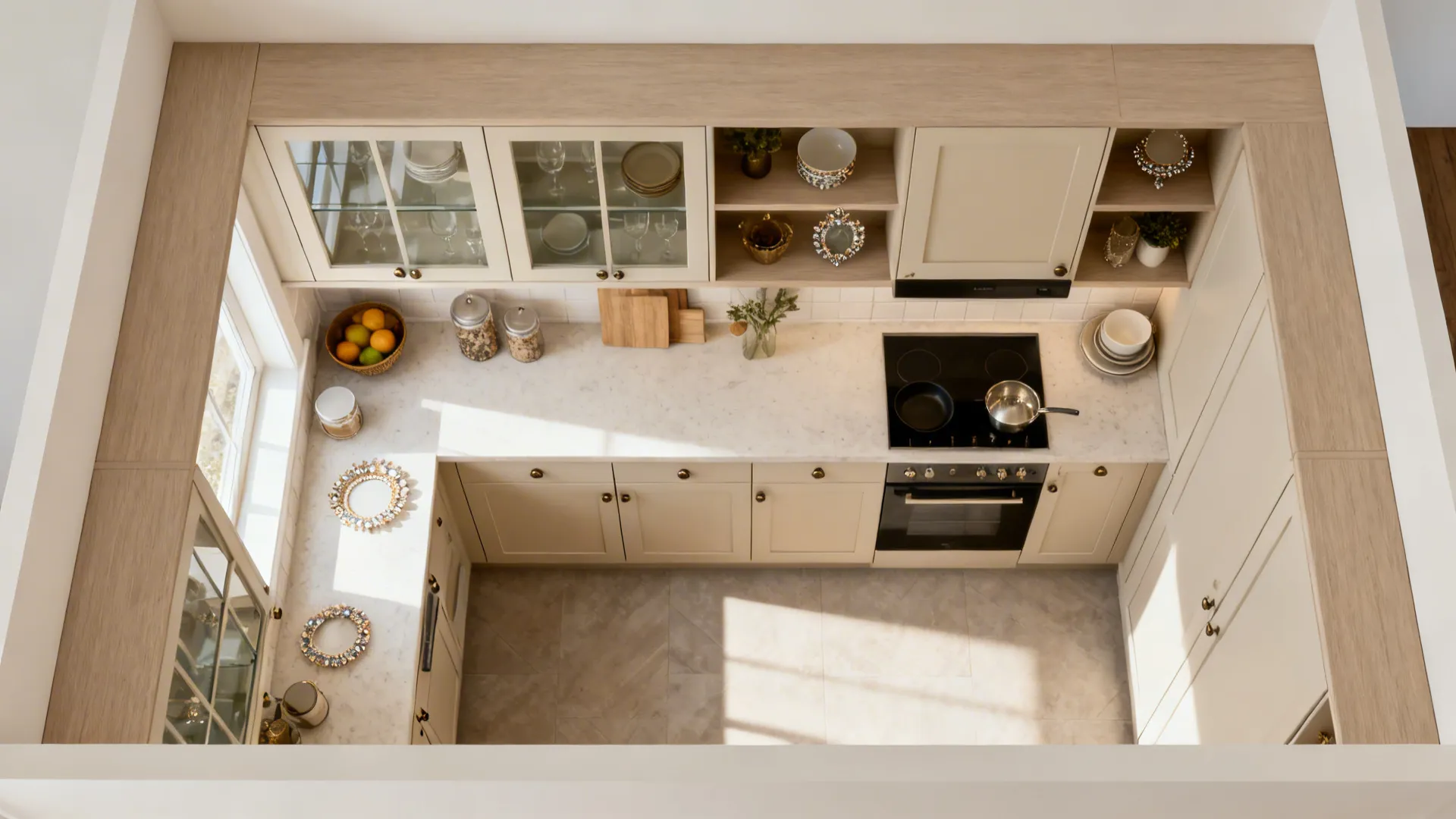 Top-down layout showing strategic placement of glass shelves in upper kitchen units for safe daily use.