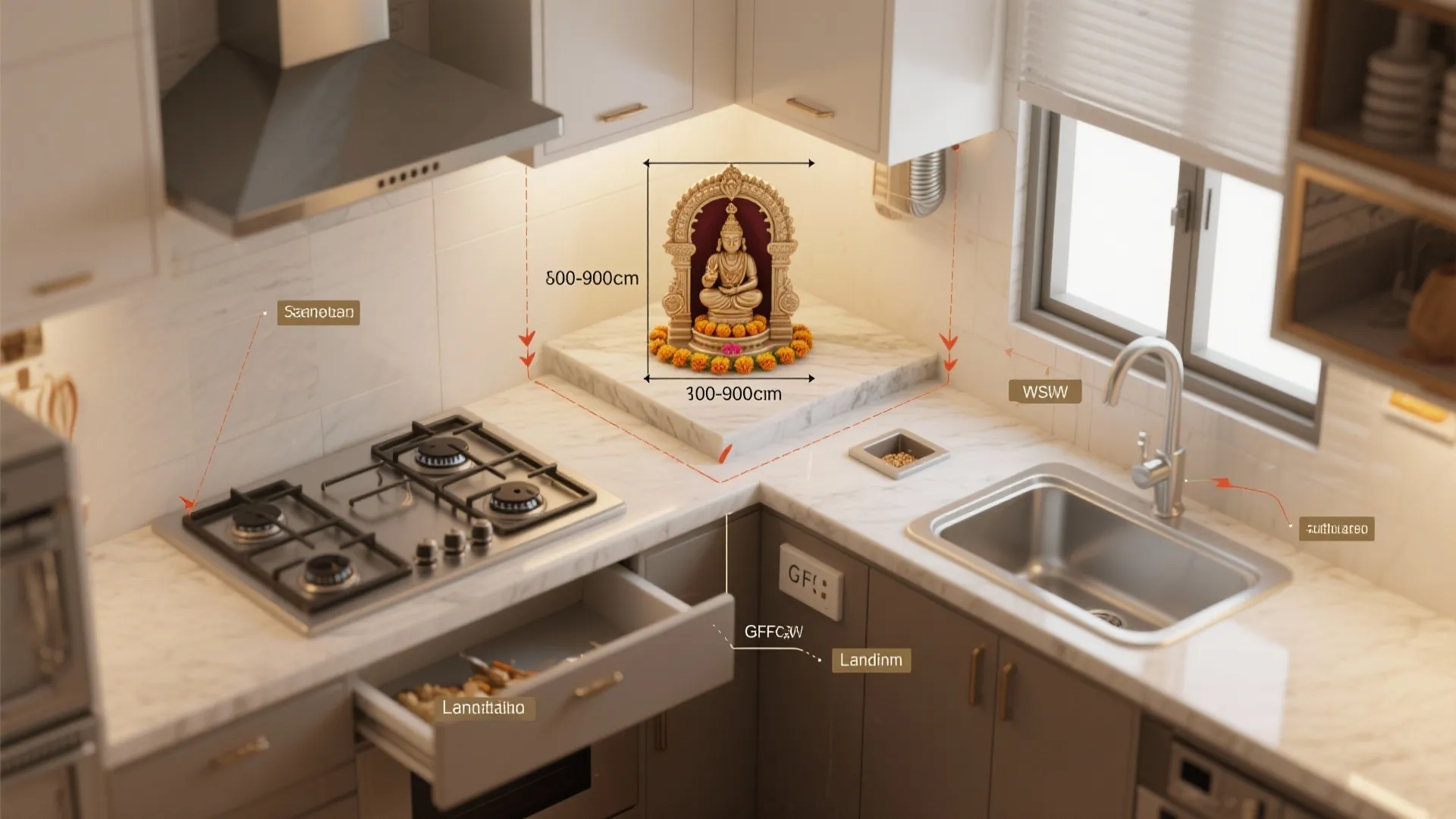 Top-down kitchen plan illustrating safe pooja placement with clearances and ventilation flow.