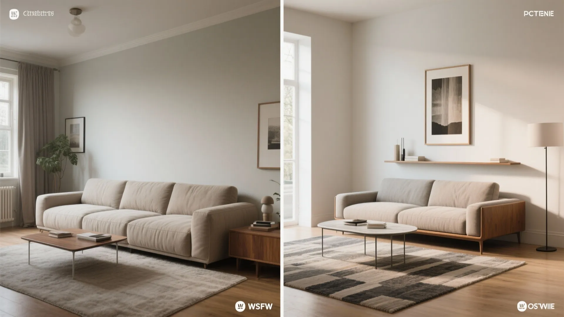 Before-and-after split showing poor couch placement vs floated slim sofa with back console and vertical art.
