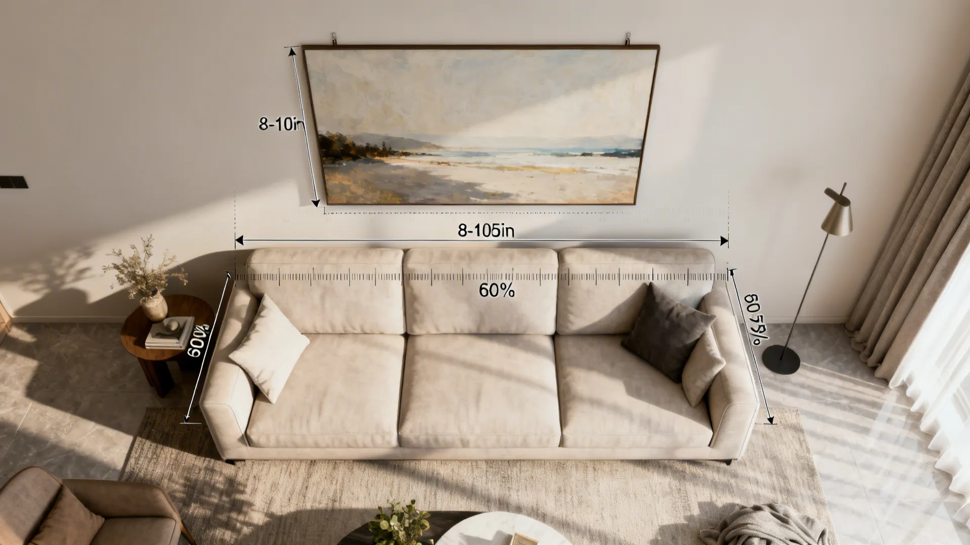 Top-down guide illustrating hanging height and width proportions for art above a sofa