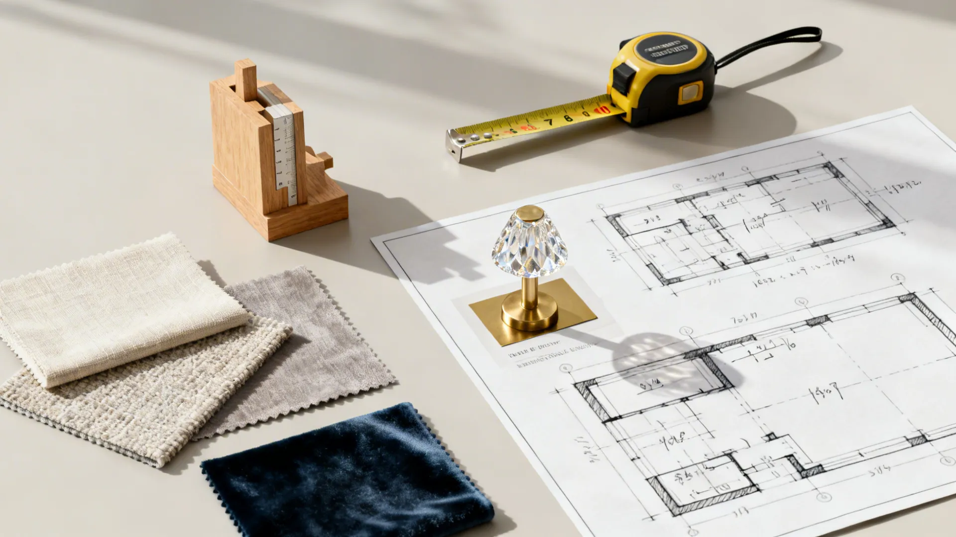 Flatlay showing scale models, fabric swatches, tape measure and a small crystal lamp mockup for styling guidance.