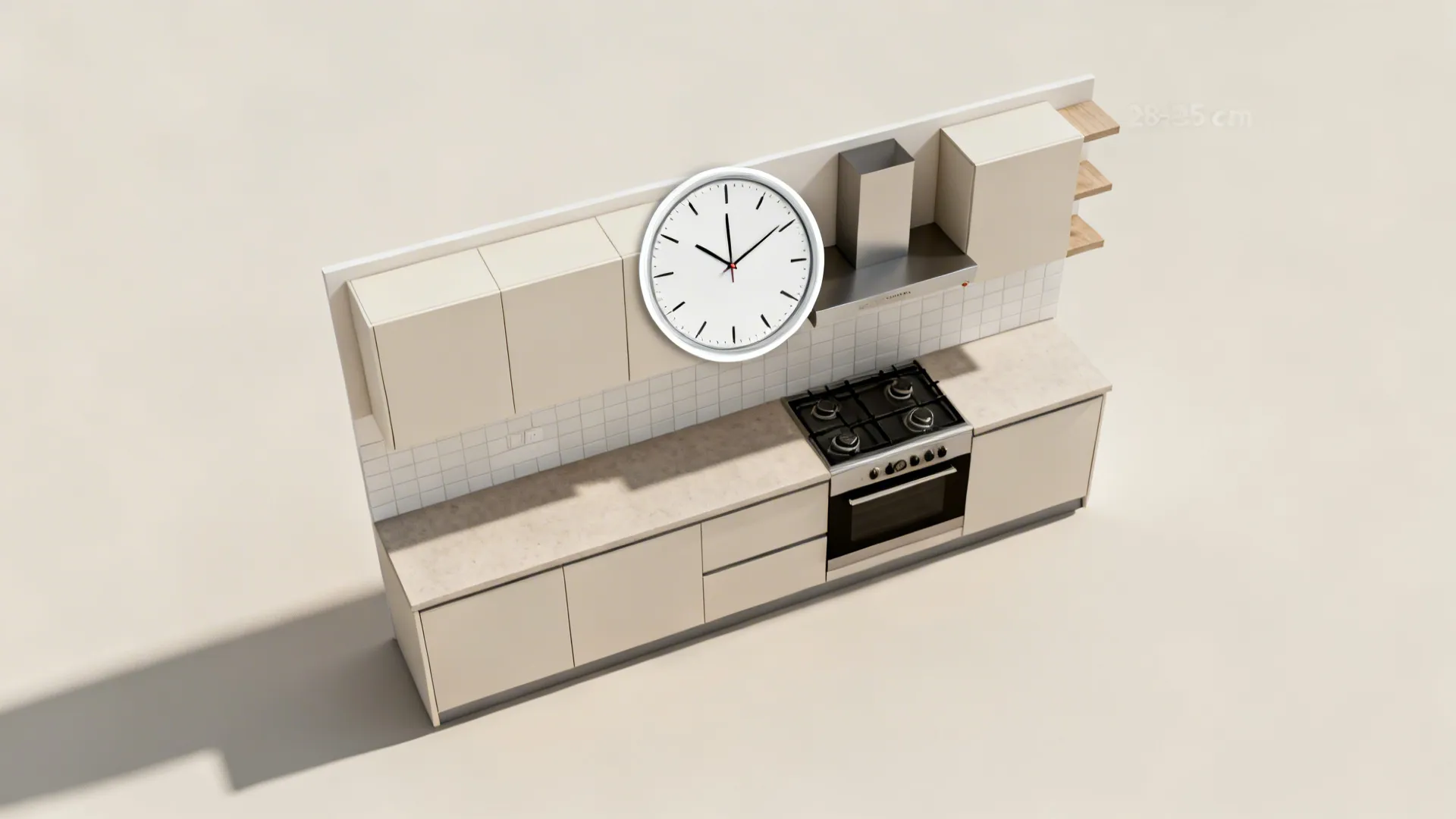 Top-down kitchen layout showing a wall clock centered with breathing room above the backsplash.
