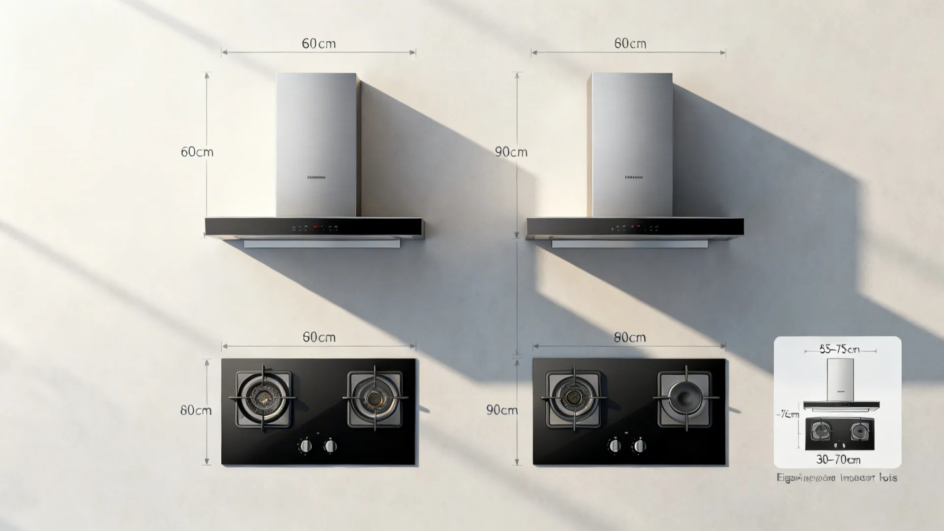 Top-down layout illustrating chimney width matching hob sizes and ideal install heights.