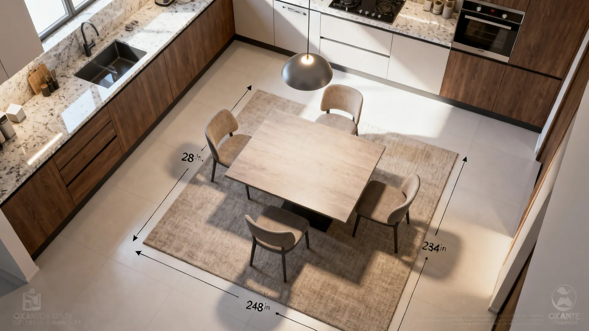 Top-down layout showing clearances, chair spacing, and rug sizing around a dining table.