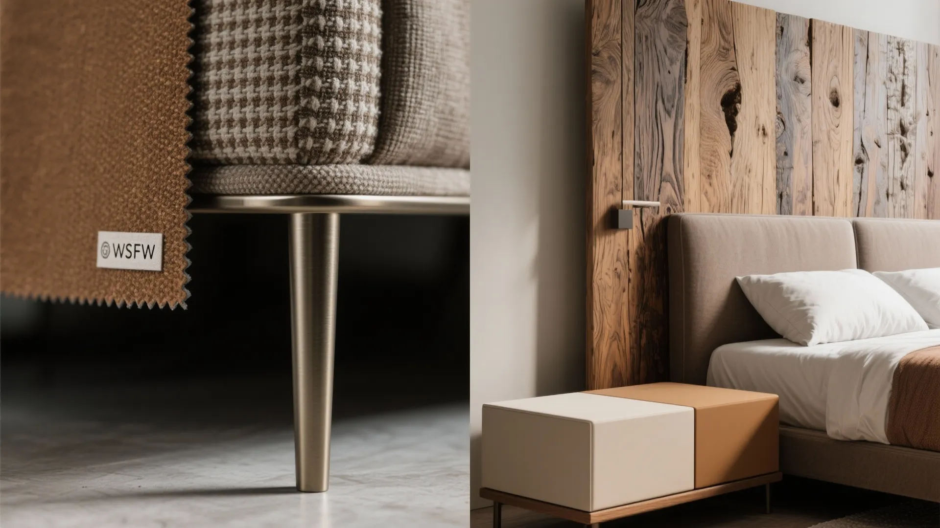Material pairing close-ups showing metal legs, upholstery, and reclaimed wood for bench styling