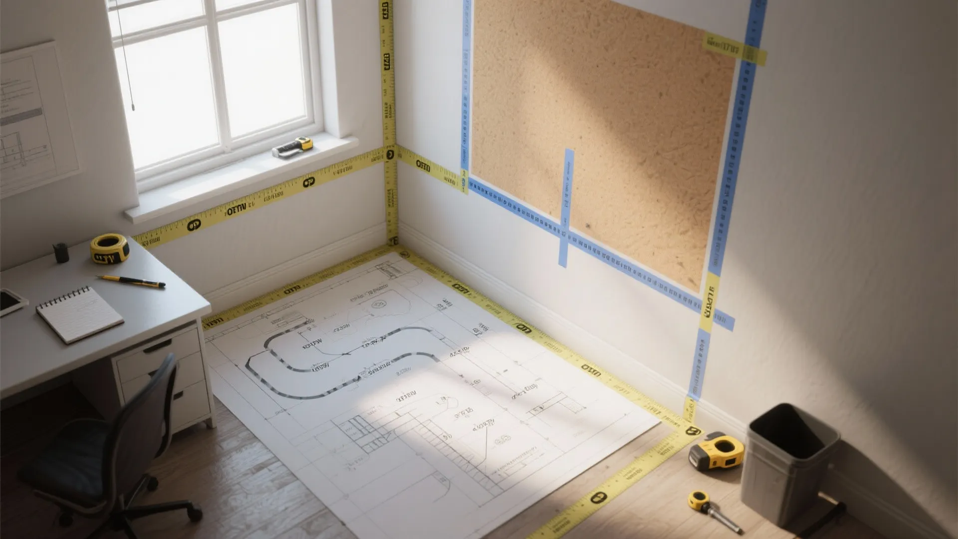 Interior design drawing on floor with yellow measuring tape on walls near desk and window
