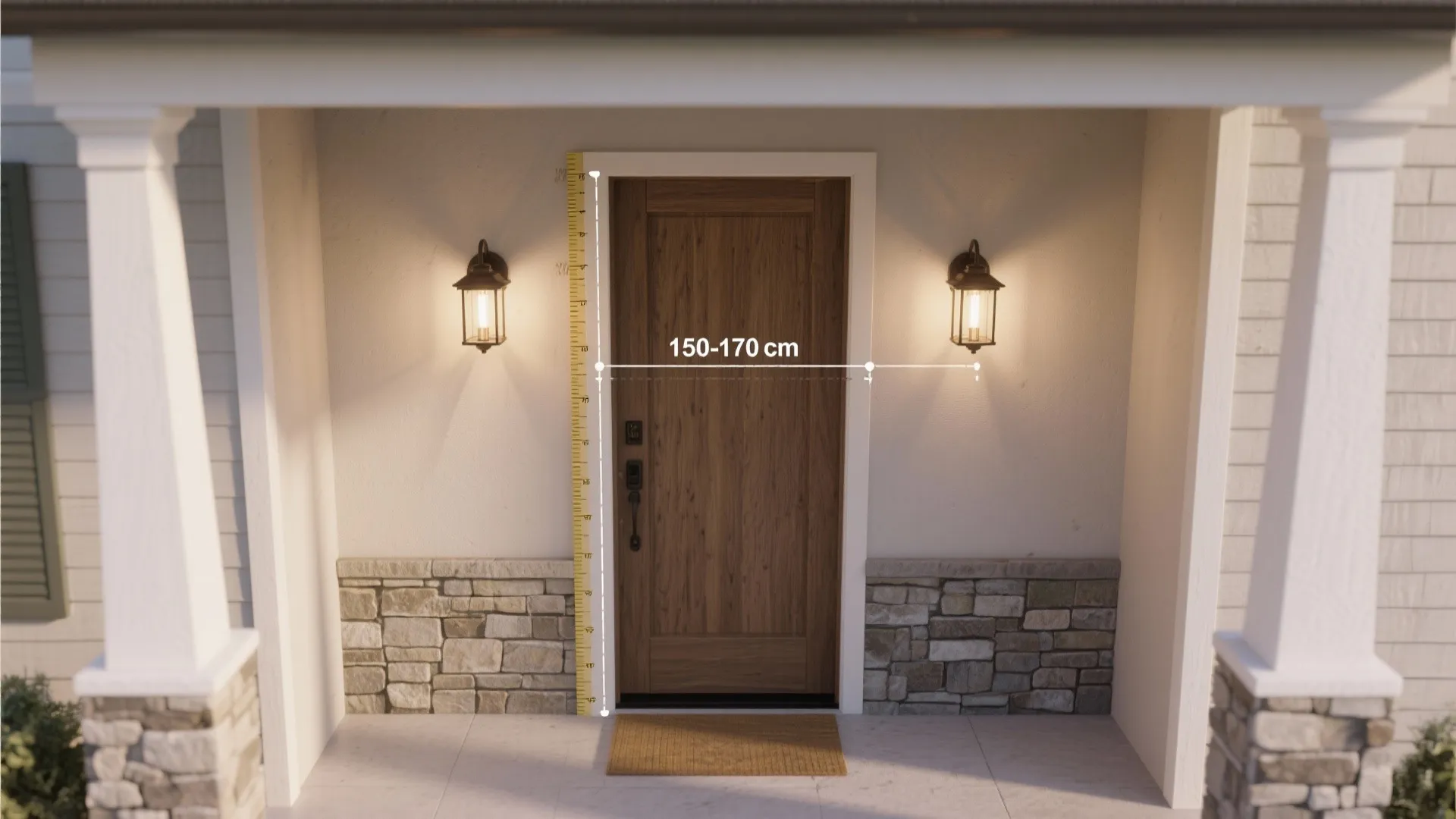 Diagram showing ideal height for wall light fixtures on each side of a wood door