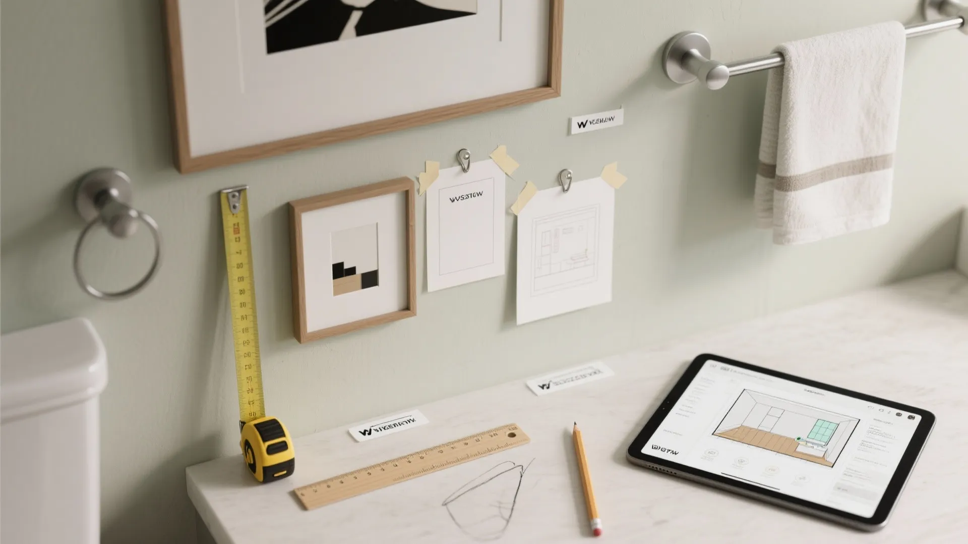 Bathroom design workspace with tablet showing interior design drawing, tape measure, ruler, and paper sketches