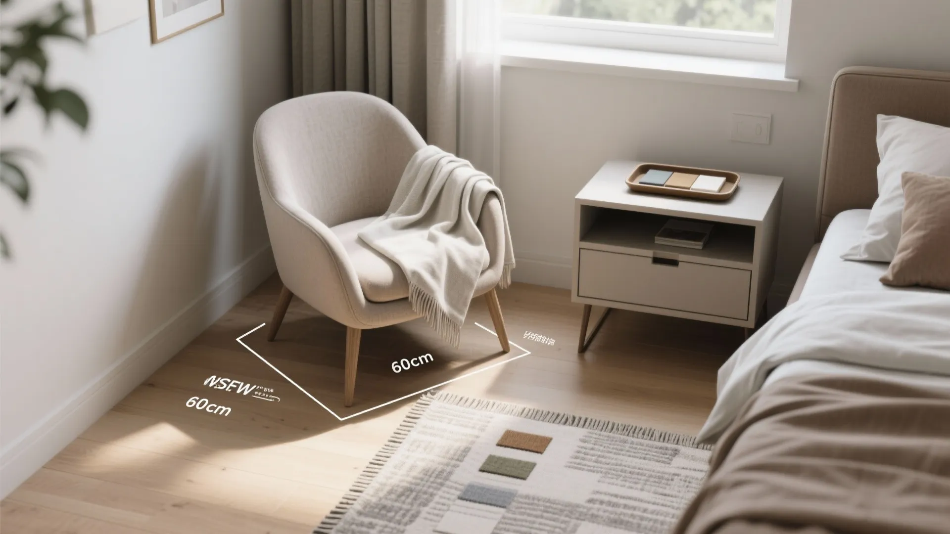 Bedroom vignette showing a chair on a rug with clear 60 cm circulation space and fabric swatch.