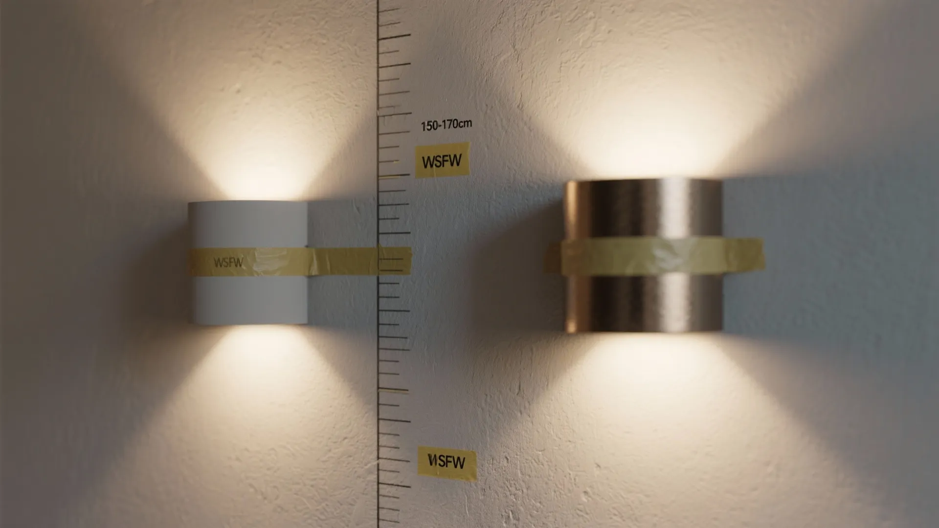 Wall light height guide showing two fixtures mounted at different levels with a ruler measurement
