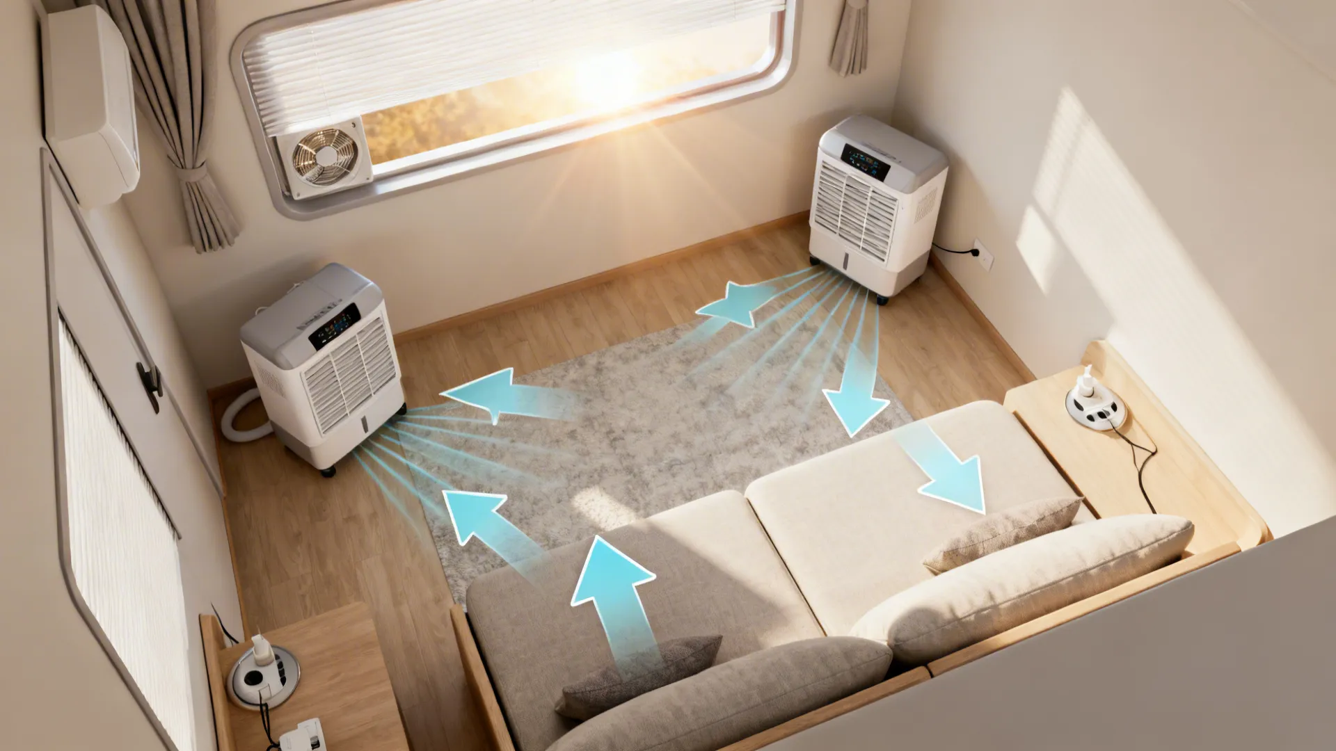 Top-down room diagram showing ideal portable cooler placements and airflow directions