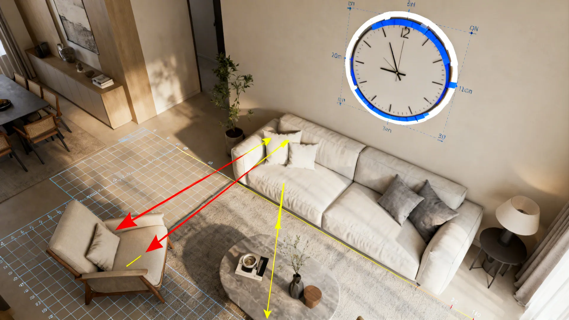 Visual guide showing clock scale markings, painter's tape mockups, and sightline overlays in a living room