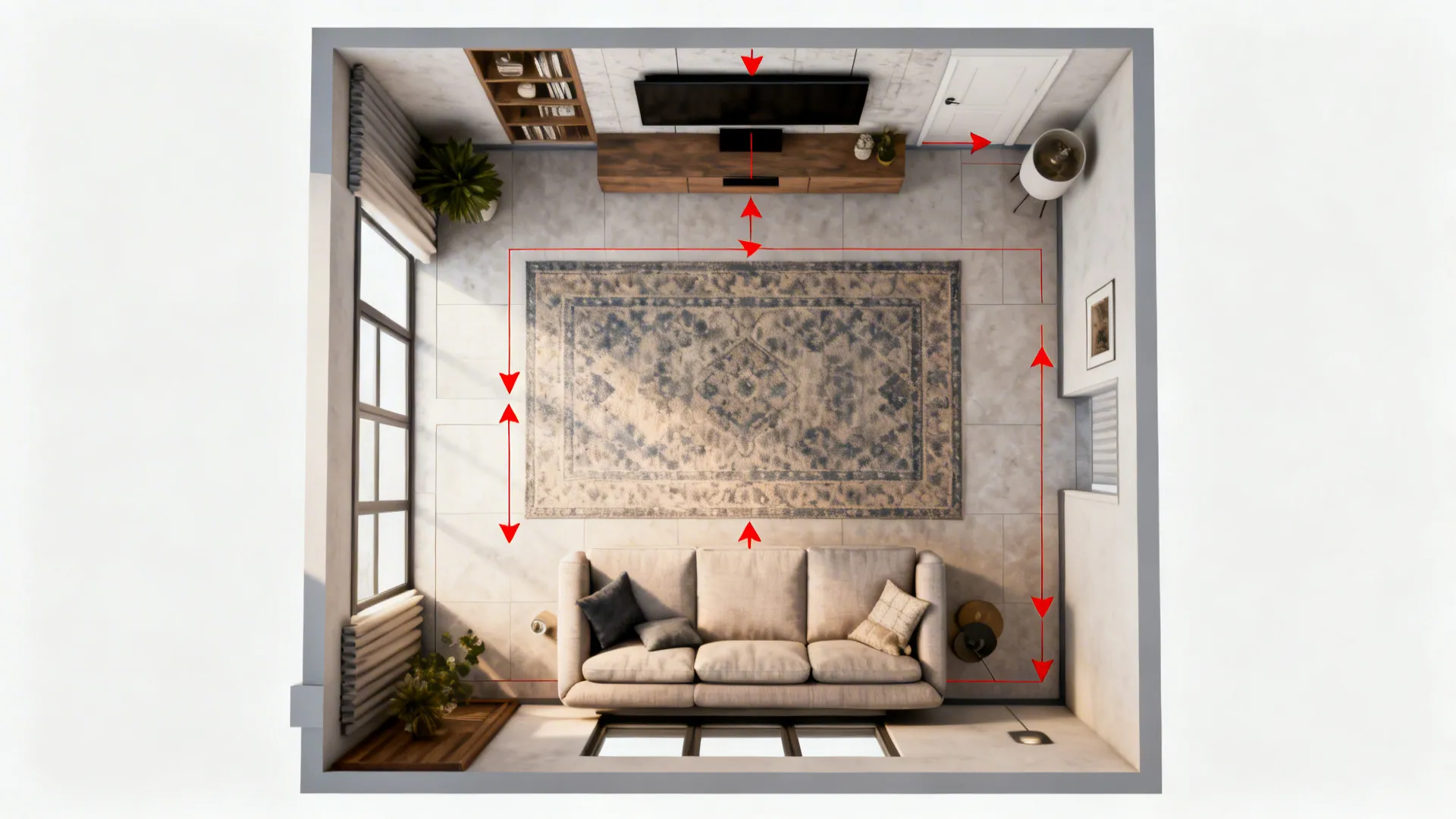 Top-down layout showing sofa placement, rug zones and clear pathways in a small living room