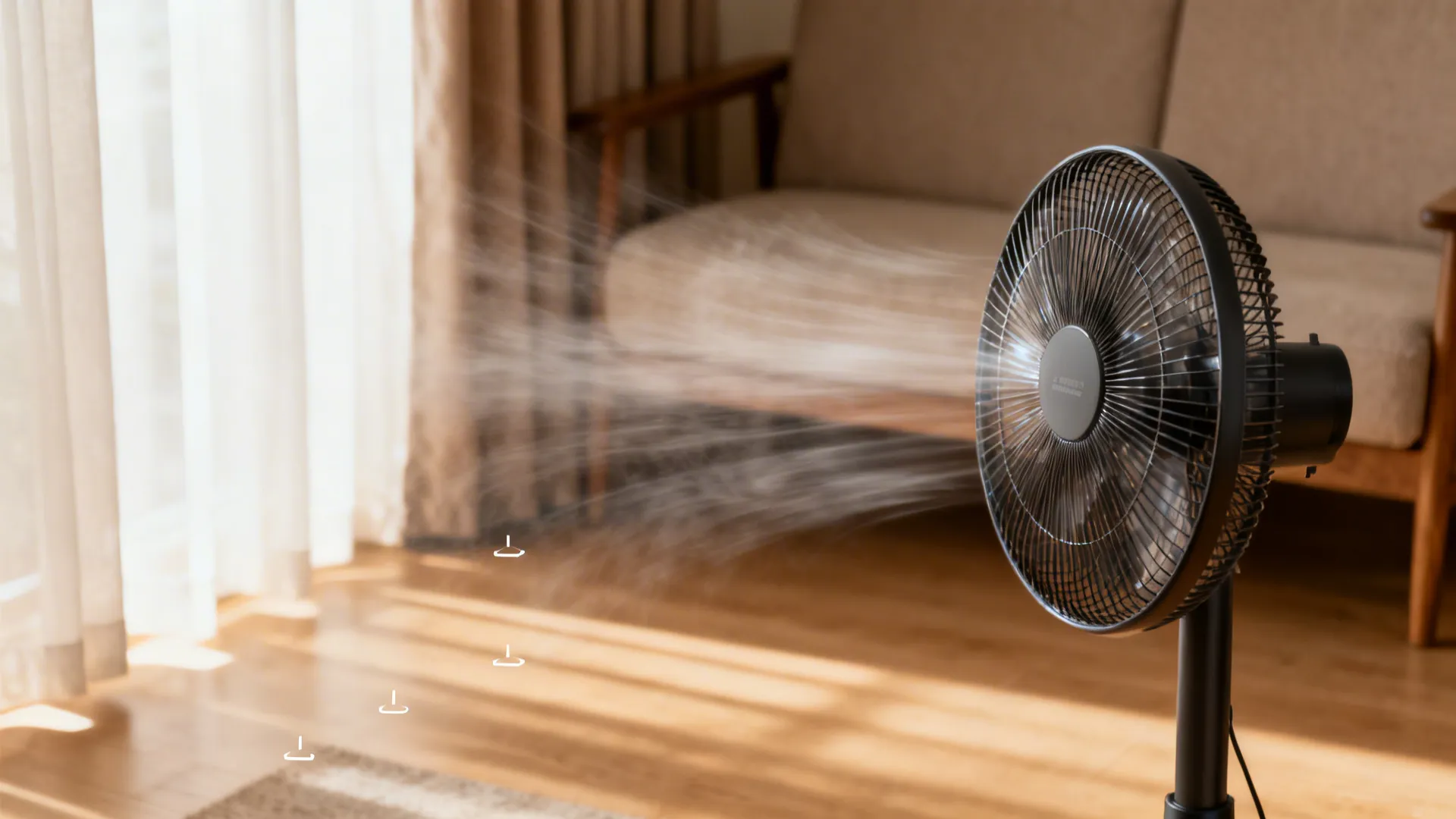 Tower fan placed with clear airflow path away from curtains and furniture