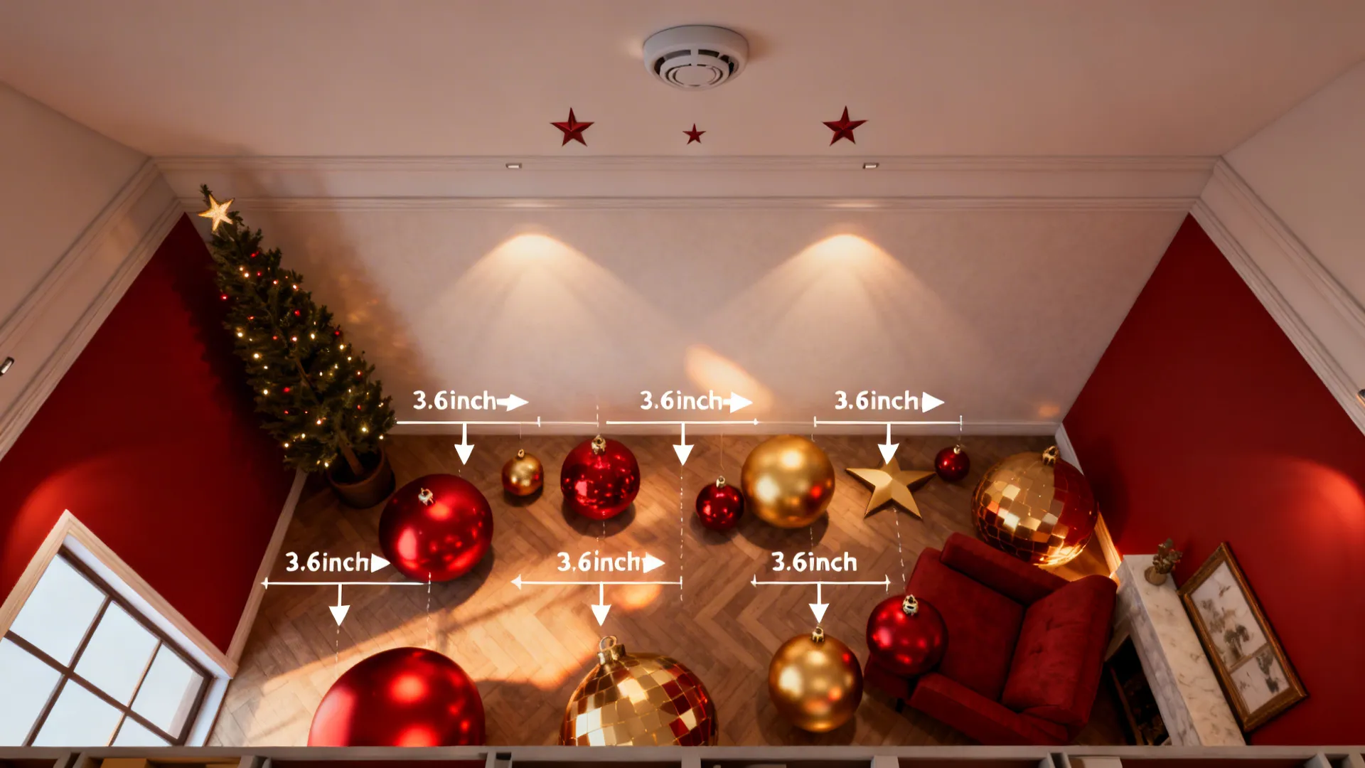 Top-down planner showing tree placement near a light wall, ornament spacing guides and safe star placement.