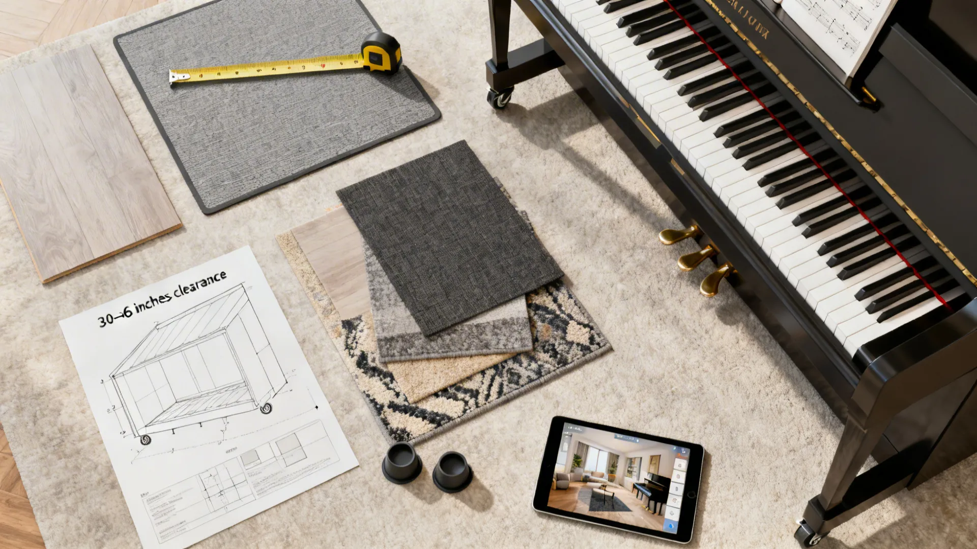 Flatlay showing measuring tape, rug swatches, caster cups and a room-planner on a tablet.